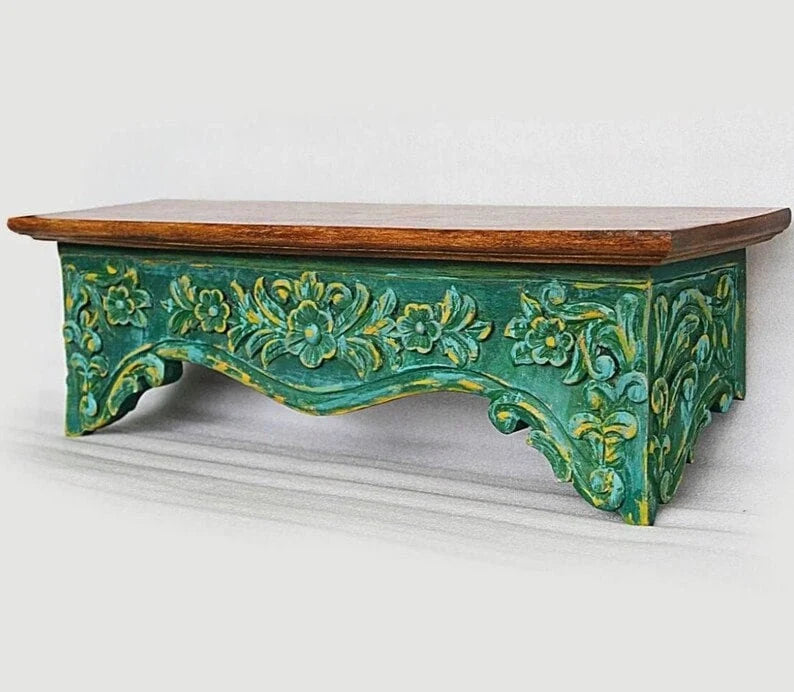 Hand Carved Mango Wood Floating Shelf - Natural Wood Wall Decor for Living Room, Bedroom, Office - Rustic Home Storage & Display Shelf for Books, Plants, Photos