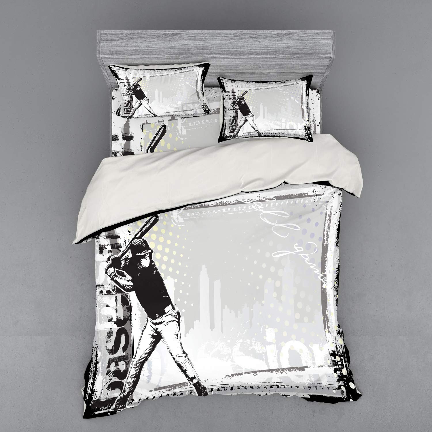 Ambesonne Baseball Bedding Set - 4 Piece Duvet Cover with Shams & Fitted Sheet, Queen Size, Black & White Baseball Theme, Hitter in Field Graphic - Perfect for Sports Fans Bedrooms, Game Rooms & Baseball Themed Decor