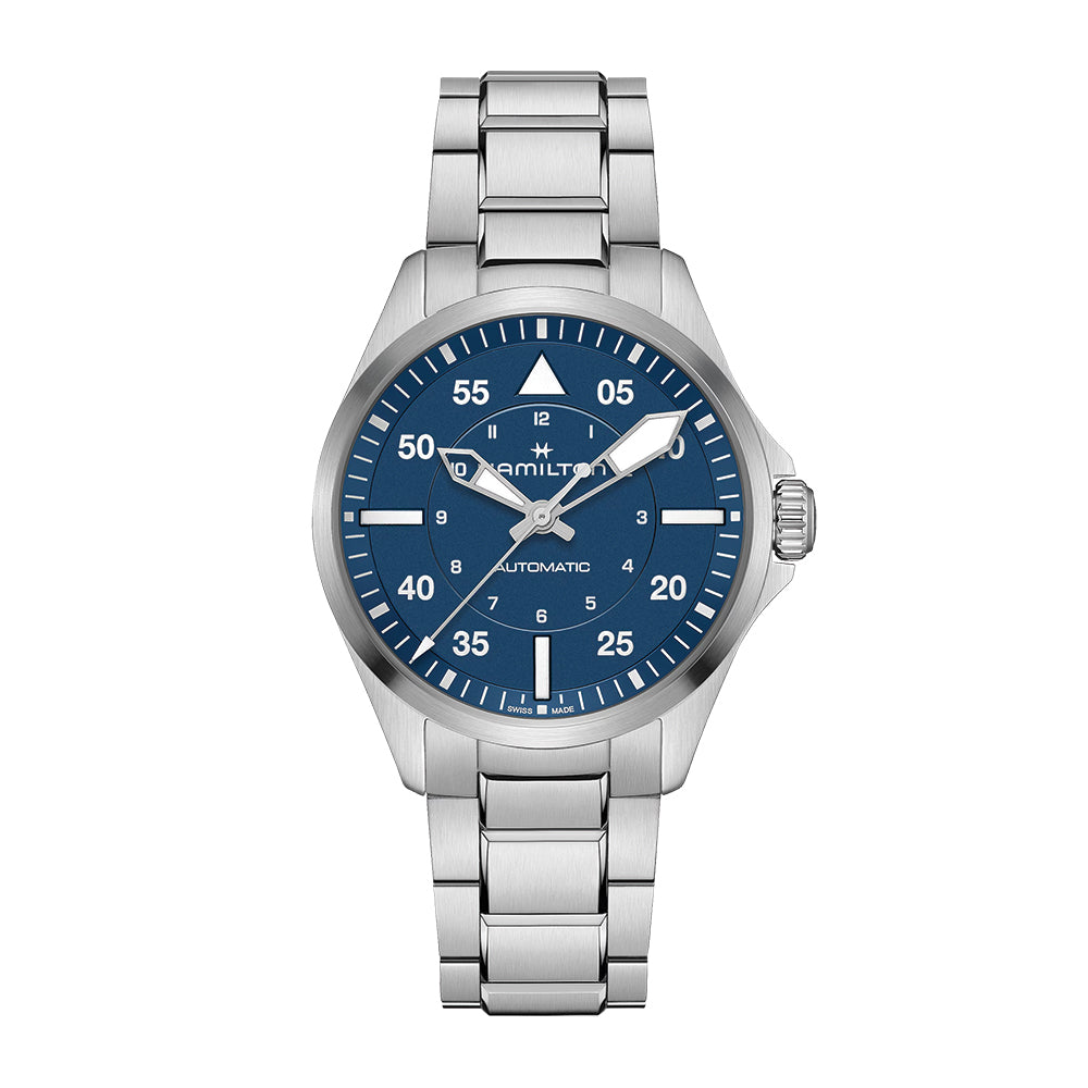 Men's Khaki Aviation Pilot Automatic Watch 39mm Blue Dial with Stainless Steel Bracelet - Perfect for Casual Wear, Business Attire & Outdoor Adventures