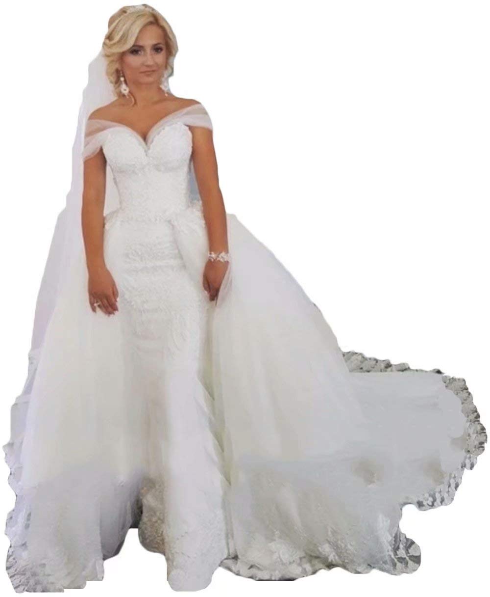 Elegant Off-The-Shoulder Mermaid Wedding Dress with Lace Appliques & Detachable Train - Perfect for Beach, Church, and Formal Bridal Ceremonies