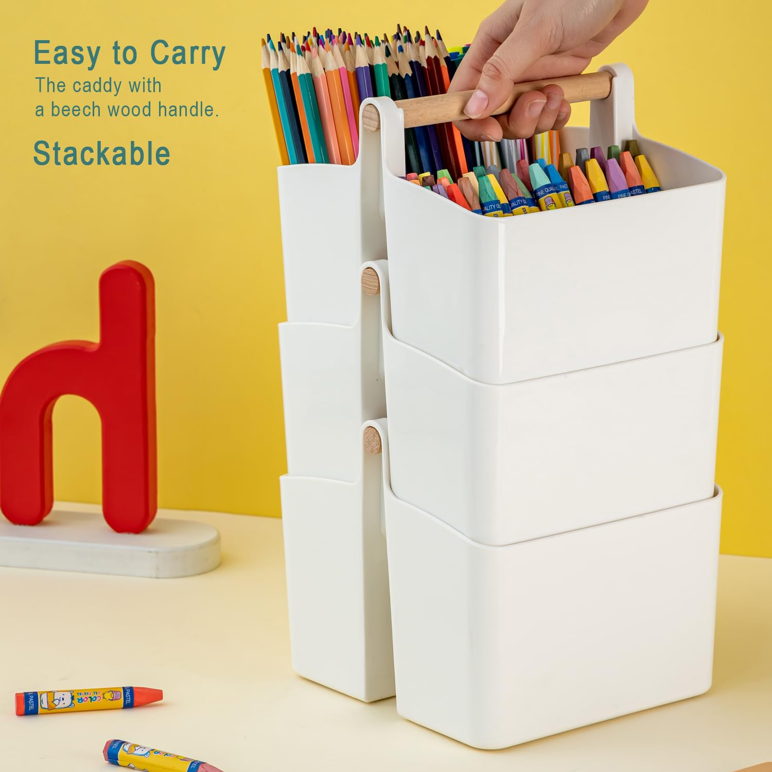 Art Supply Organizers Caddy with Handle - Portable Desk & Dorm Storage Basket for School, Office, Bathroom, Makeup & Cleaning Supplies (White & Yellow, Small) - Perfect for Students, Artists & Home Organization