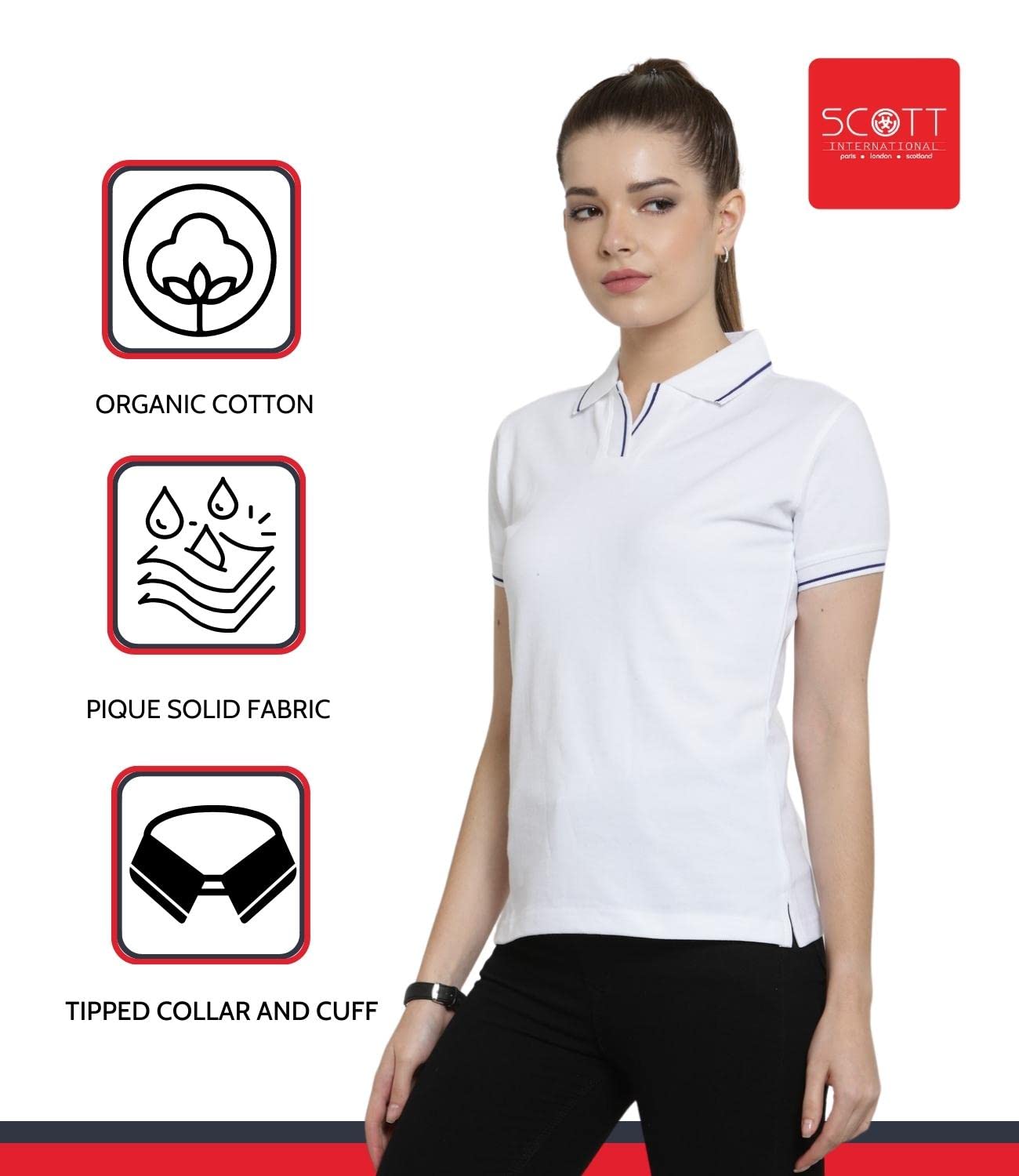 Scott International Women's 100% Organic Cotton Polo Shirt - Regular Fit Collared T-Shirt | Breathable Half Sleeve Plain Polo for Women | Perfect for Golf, Casual Wear & Office Outfits (White, XL)