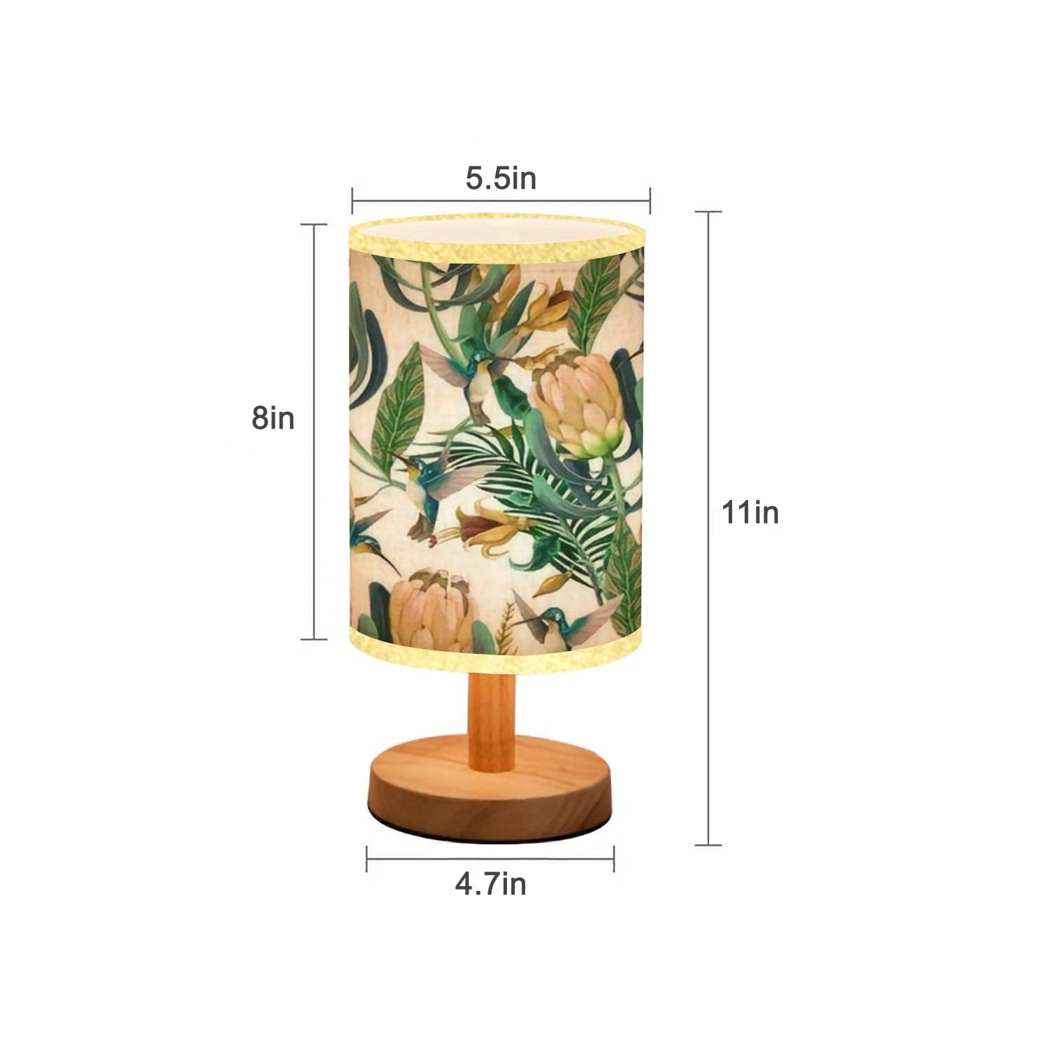 Minimalist Wood Nightstand Lamp with Hummingbirds Protea & Tropical Flowers Print - Flaxen Fabric Shade, Wood Base for Bedroom, Living Room - Perfect for Cozy Reading Nook, Modern Home Decor & Relaxing Ambiance