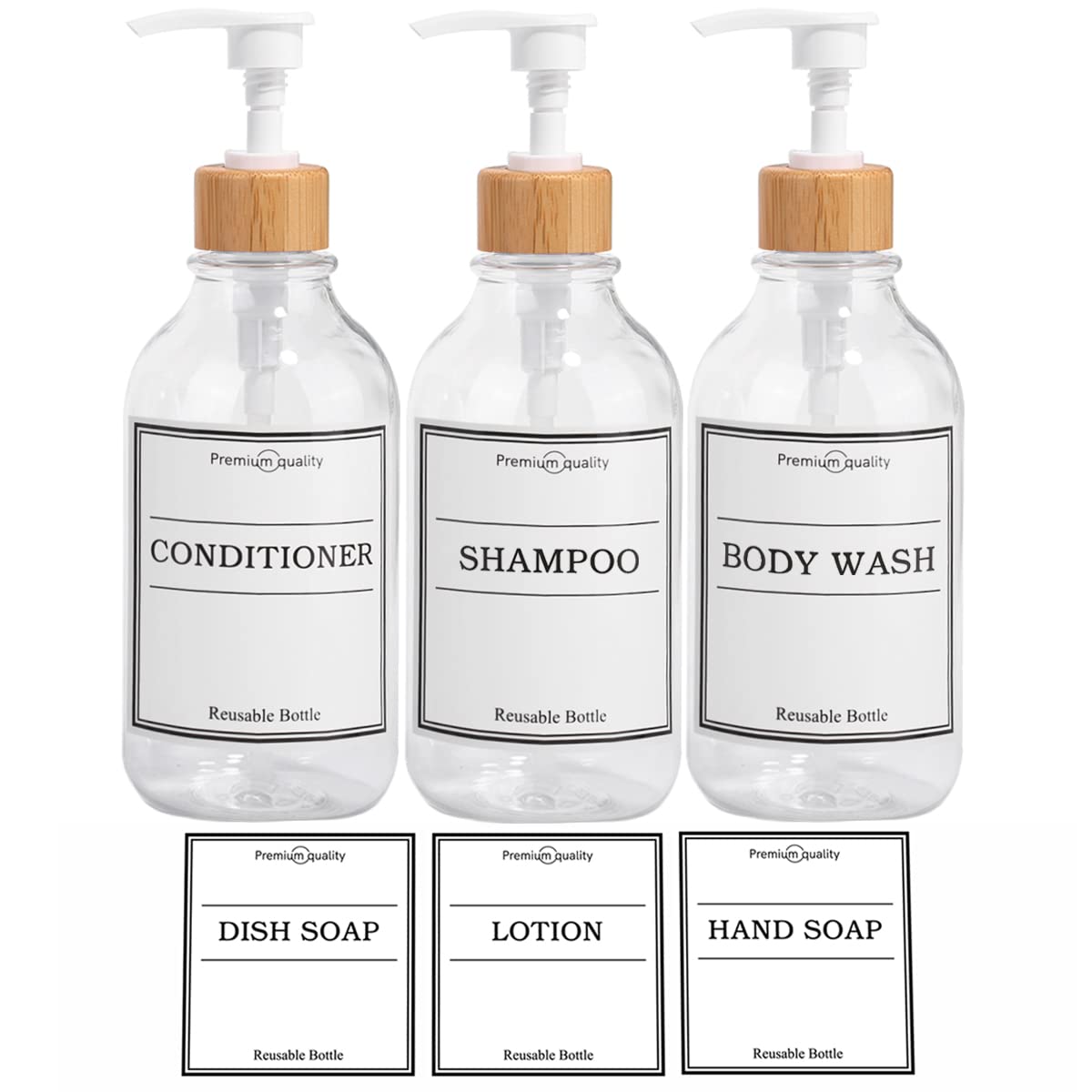 3-Pack 16oz Reusable Shampoo & Conditioner Dispenser Bottles with 6 Waterproof Labels - Refillable Plastic Pump Bottles for Bathroom & Shower Organization - Perfect for Travel, Gym, and Home Use