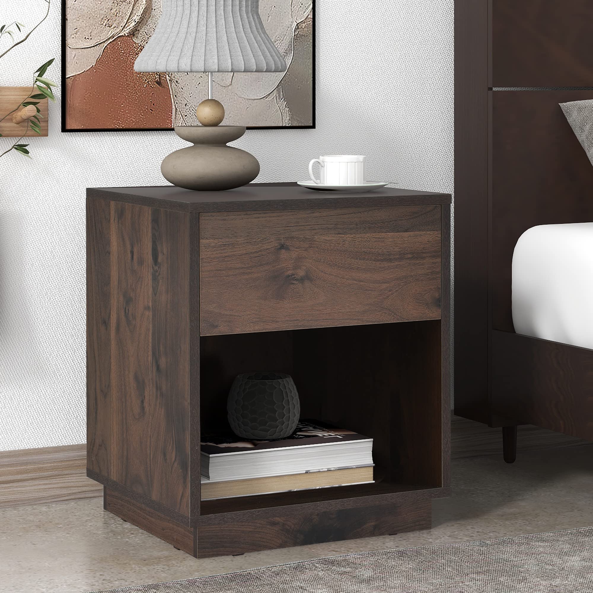 Mid-Century Modern Nightstand with Drawer - Rustic Wood End Table with Open Storage - Dark Brown Side Table for Bedroom, Living Room & Office