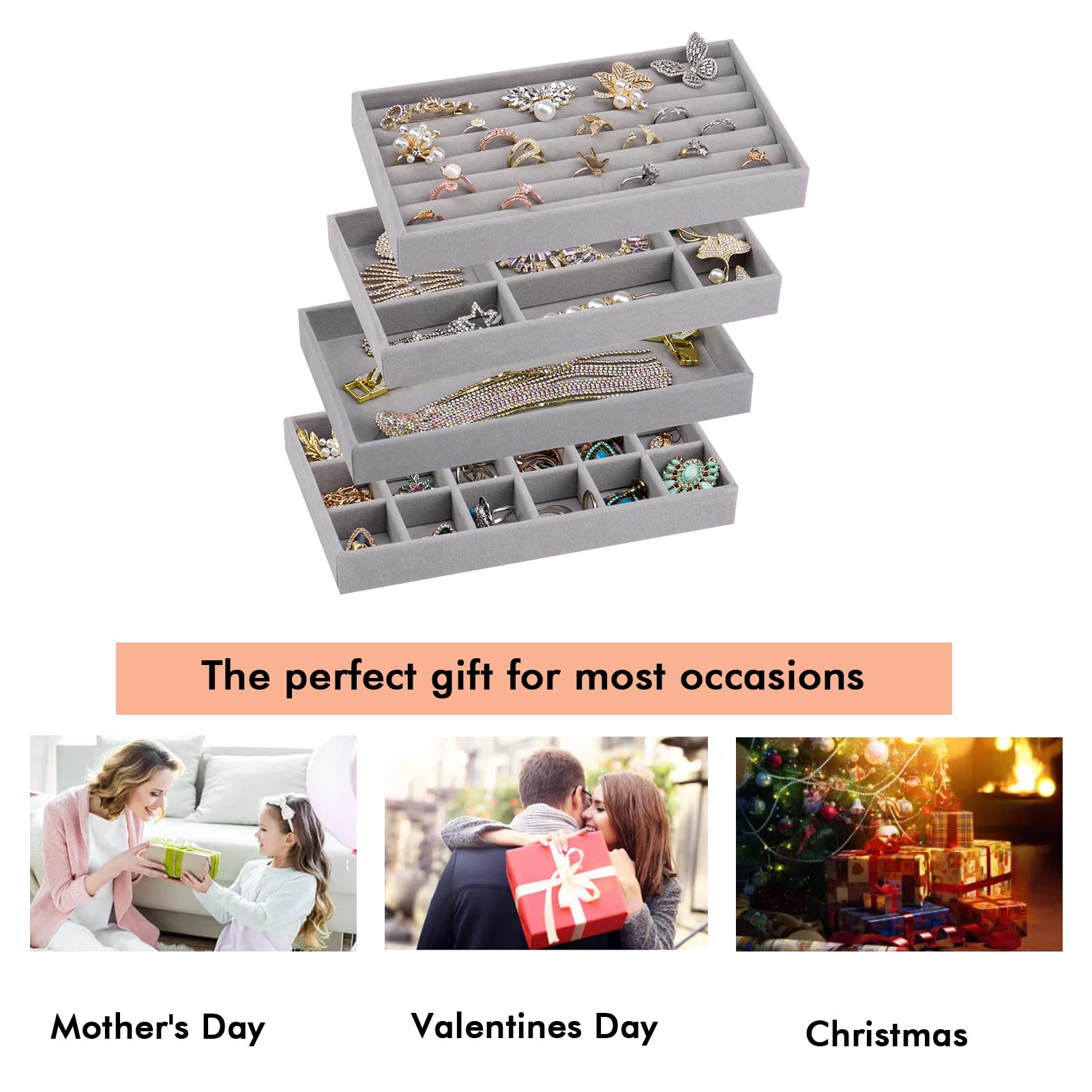 Stackable Velvet Jewelry Organizer Trays - Set of 4 Gray Drawer Inserts for Earrings, Rings, Watches, Bangles & Necklaces | Jewelry Storage Solution for Dressers, Vanities & Travel Cases
