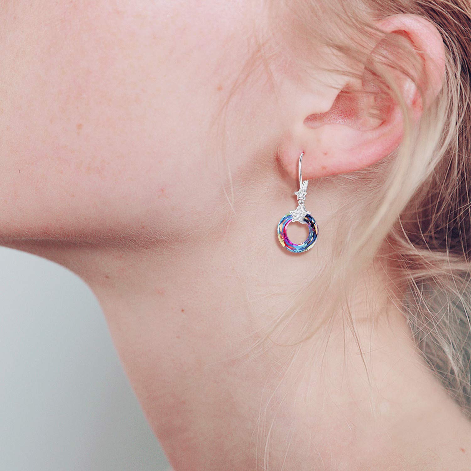 Volcano Rose & Star Crystal Earrings - Sterling Silver Rose Circle Dangle Leverback Earrings with Austrian Crystals | Elegant Jewelry Gift for Women | Perfect for Birthday, Anniversary & Special Occasions