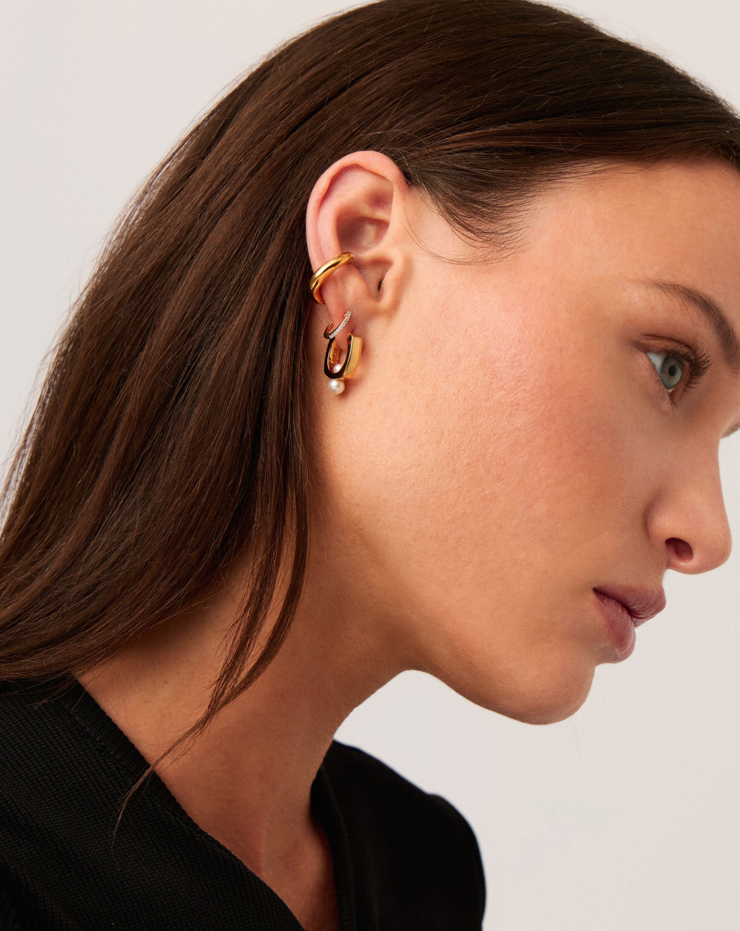 18k Gold Plated Button Pearl Square Small Hoop Earrings for Women - Elegant Minimalist Dainty Jewelry for Everyday Wear, Office, Date Night & Special Occasions