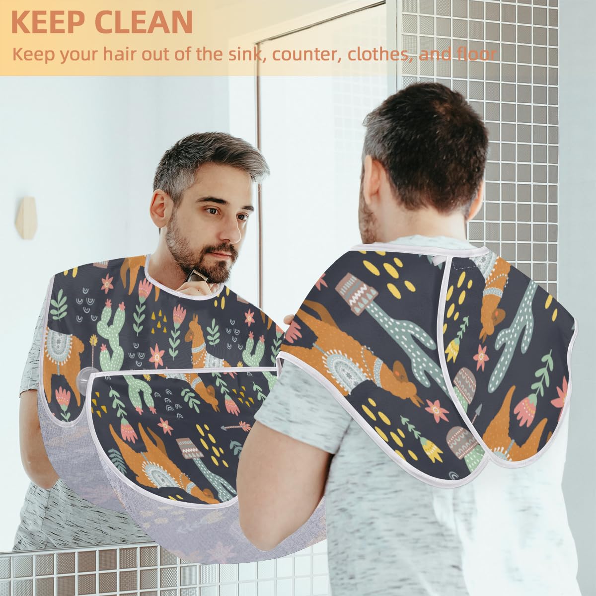 Non-Stick Beard Apron with Suction Cups - Llama Cactus Flower Beard Bib for Men Shaving & Grooming | Waterproof Hair Catcher Cape for Barbershop, Home Use | Perfect Gift for Husband, Dad, Birthday