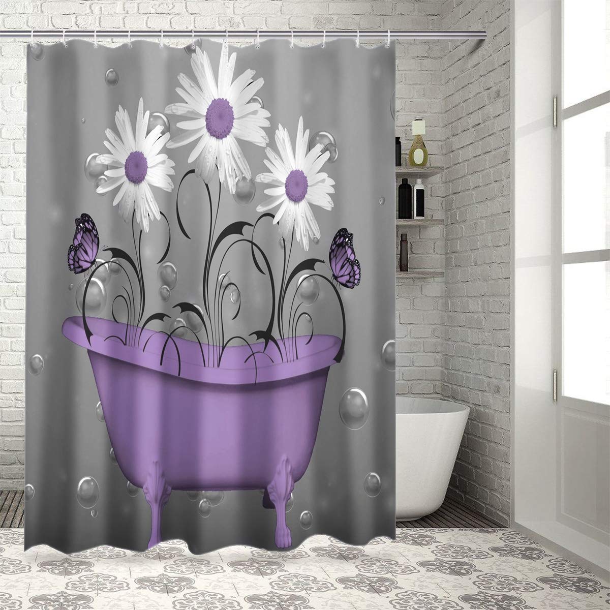 Z&L Home Purple Daisy & Butterfly Waterproof Polyester Shower Curtain Set with Hooks - Floral Bathroom Decor for Tub & Shower - Perfect for Vintage, Farmhouse, or Cottage Style Bathrooms