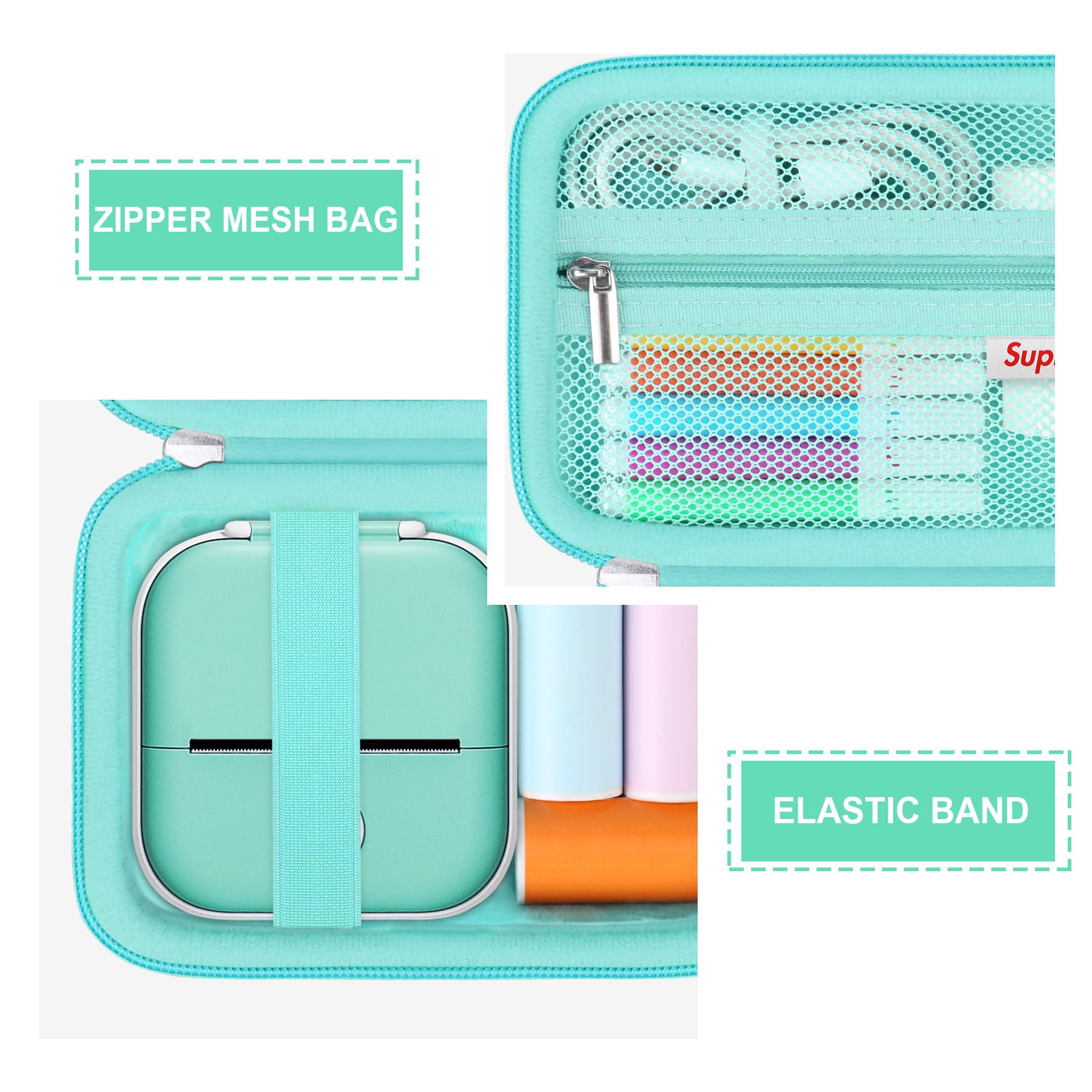 Supmay Hard Protective Case for Memoking T02 Mini Thermal Sticker Printer - Portable Storage Organizer with Mesh Pocket for Printer, Sticker Paper & USB Cable (Green) - Perfect for Home, Office & Crafting Use