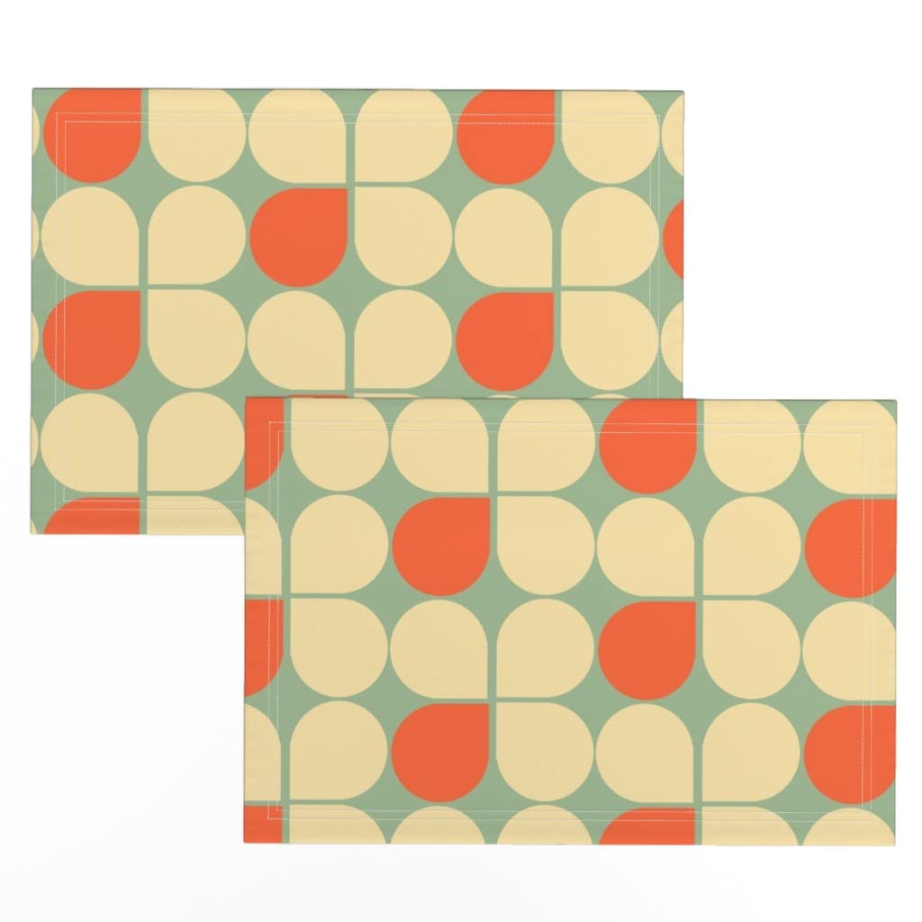 Premium Linen Cotton Canvas Placemats Set of 2 - Modern Mid Century Floral Blue Heart Print Table Mats for Dining Room Decor | Spoonflower Washable Fabric Place Settings for Kitchen, Dinner Party & Home Decor