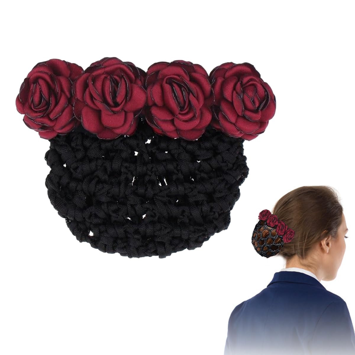 MAYCREATE® Women's Floral Hair Bun Clip with Net - Elegant Hair Accessories for Work, Daily Use, Dancers & Nurses (Red) | Perfect for Professional, Casual & Dance Occasions