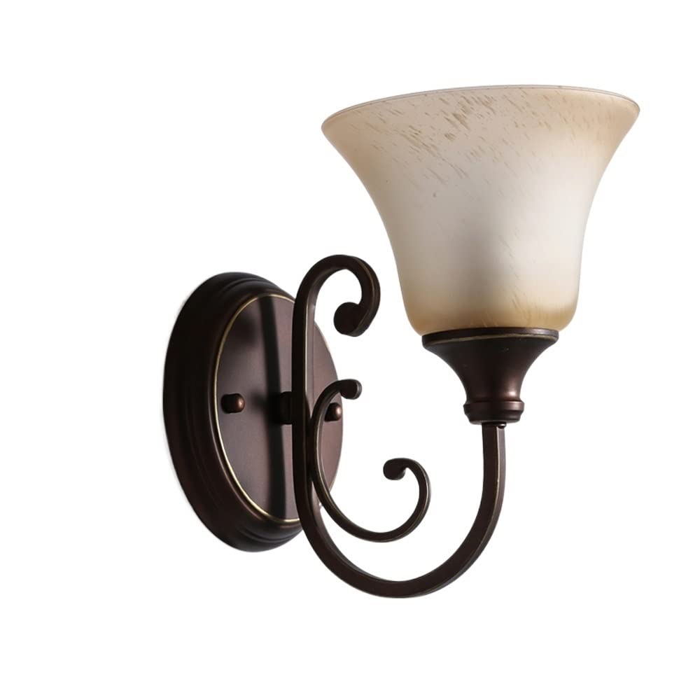 Vintage Wrought Iron Glass Wall Sconce - American Retro Bedside Lamp for Bedroom, Corridor & Staircase Lighting - Elegant Wall Mounted Light for Living Room, Restaurant & Reading Areas - Durable Lamp Holder with Decorative Glass Shade
