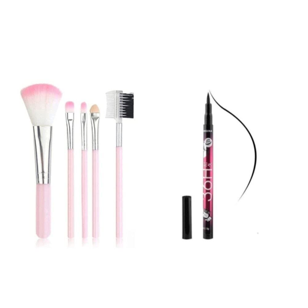 5-Piece Soft Bristle Pink Makeup Brush Set with 36H Liquid Eyeliner Pencil - Perfect for Women & Girls (Pack of 6) | Ideal for Everyday Makeup, Travel & Professional Use
