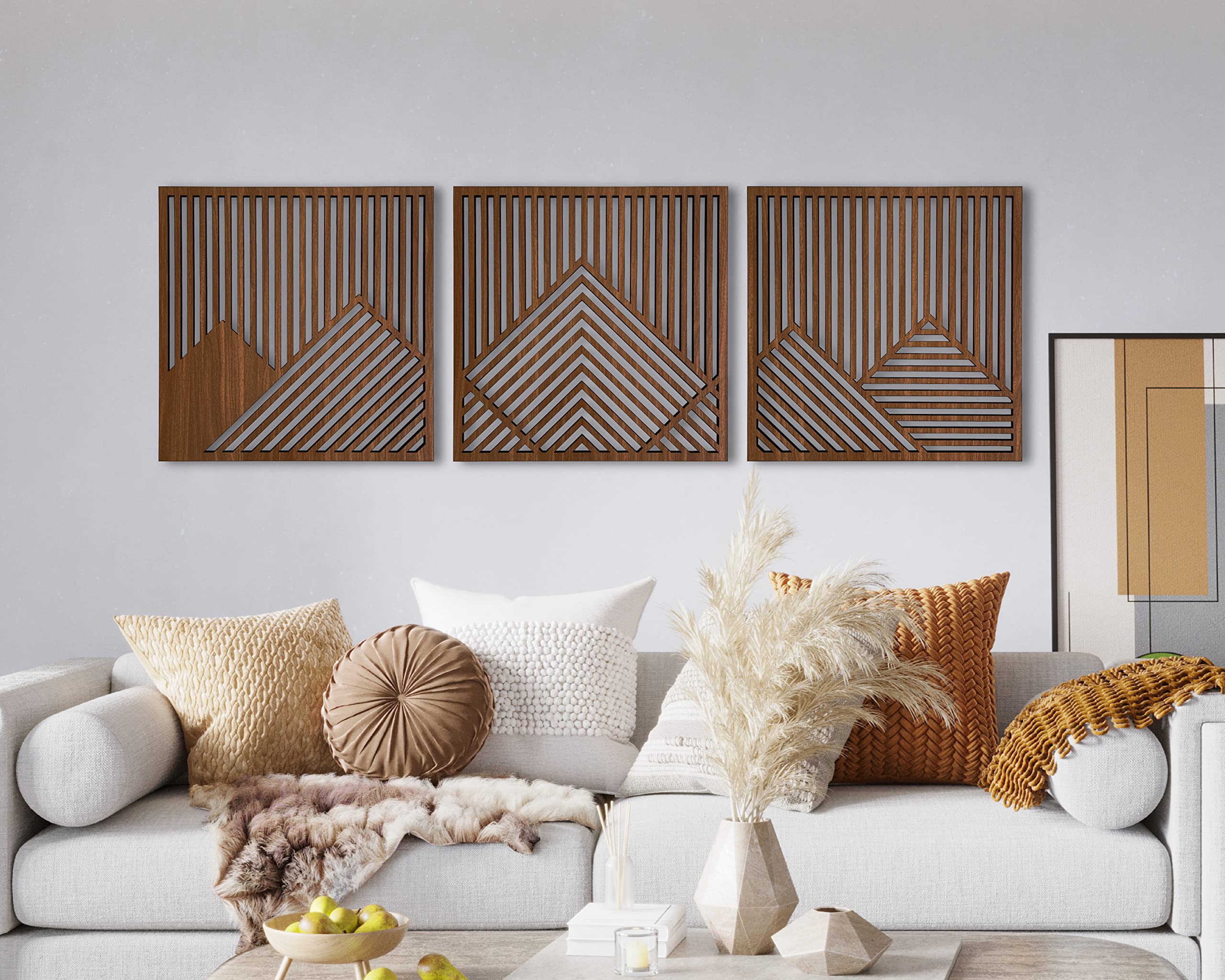 Modern 3-Piece Geometric Mountain Wall Art - Large Wooden Wall Decor for Living Room, Bedroom & Office | Handcrafted Wood Wall Hanging for Rustic & Contemporary Home Decor