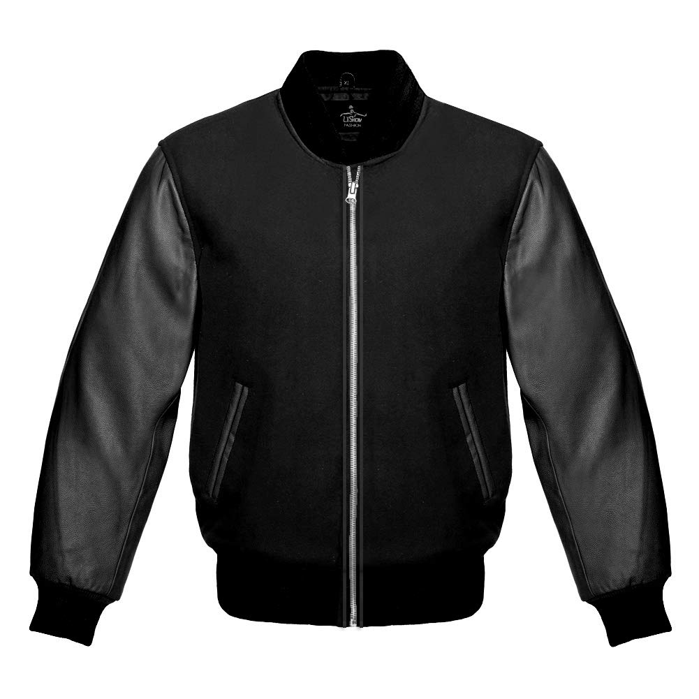 Varsity Baseball Letterman Bomber Jacket - Premium Wool Body & Genuine Black Leather Sleeves with Zipper Closure | Perfect for High School, College & Casual Wear