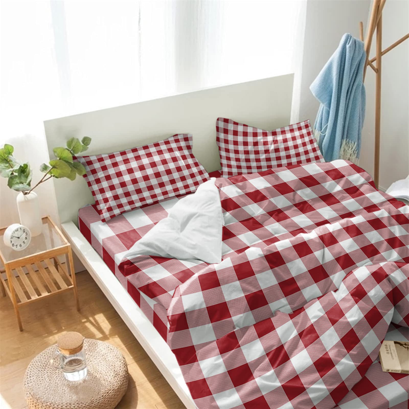 California King Duvet Cover Set 4-Piece - Farmhouse Style Red & White Buffalo Check Luxury Soft Bedding - Includes Duvet Cover + 2 Pillow Shams - Perfect for Kids, Teens, Women & Men's Bedroom Decor - Cozy Winter Bedding for Master Bedroom, Guest Room & Dorm