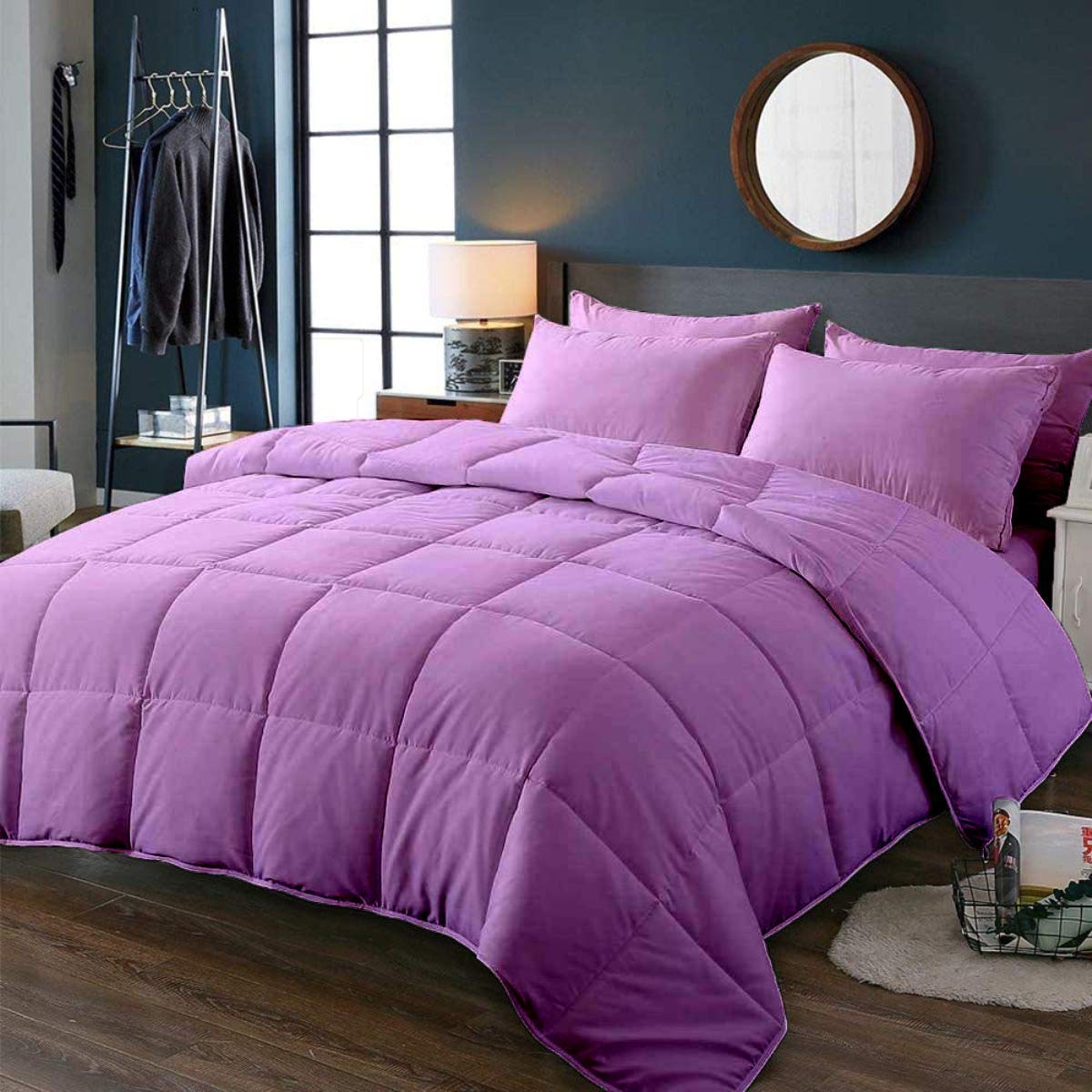 All-Season Lilac Down Alternative Quilted Comforter Set - 100% Cotton 800 Thread Count - Duvet Insert or Standalone Comforter - 3-Piece Oversized Queen Bedding Set - Perfect for Cozy Nights & Guest Room Decor