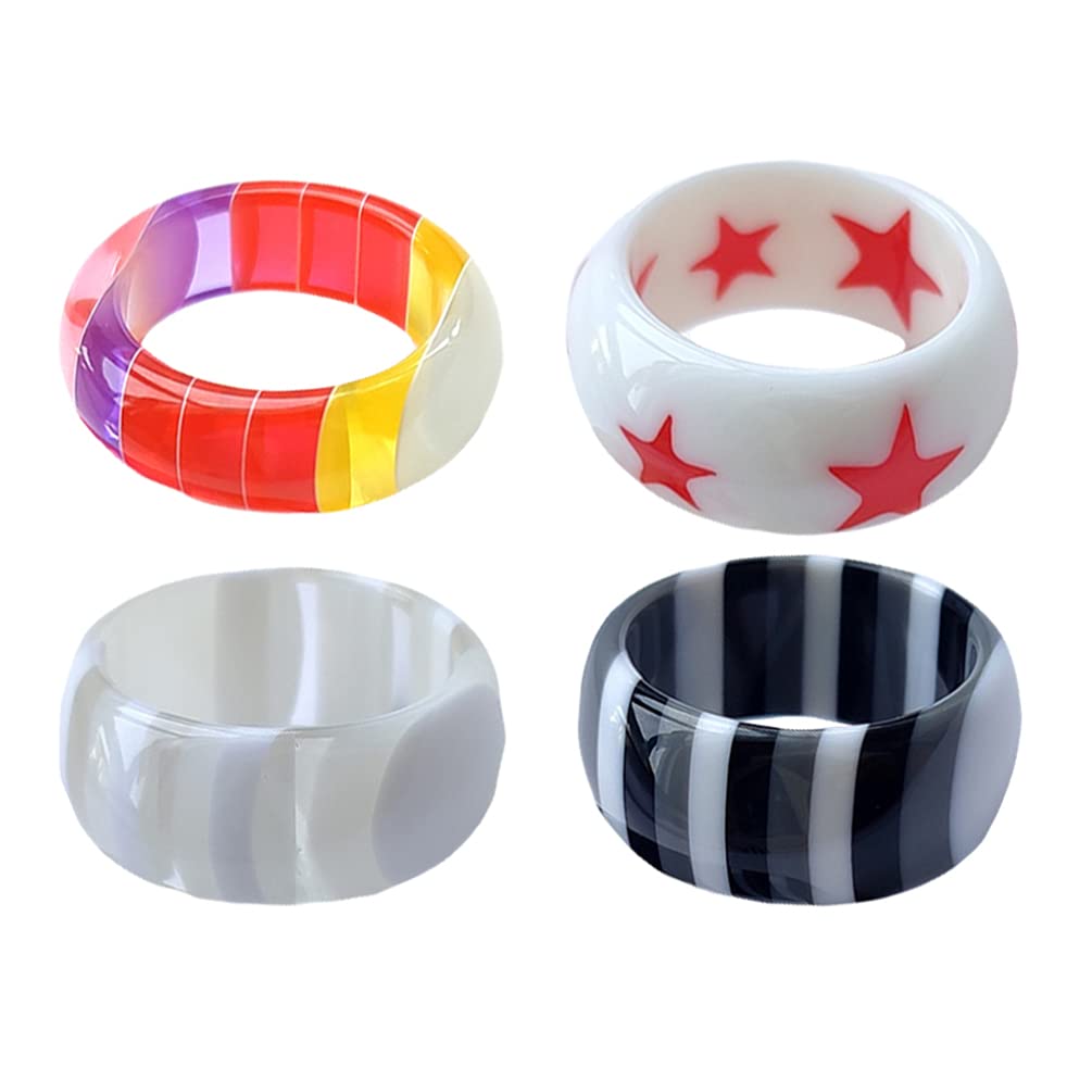 Holibanna 4-Piece Striped Multicolor Resin Knuckle Rings Set - Trendy Fashion Statement Rings for Women - Perfect for Parties, Festivals & Everyday Wear