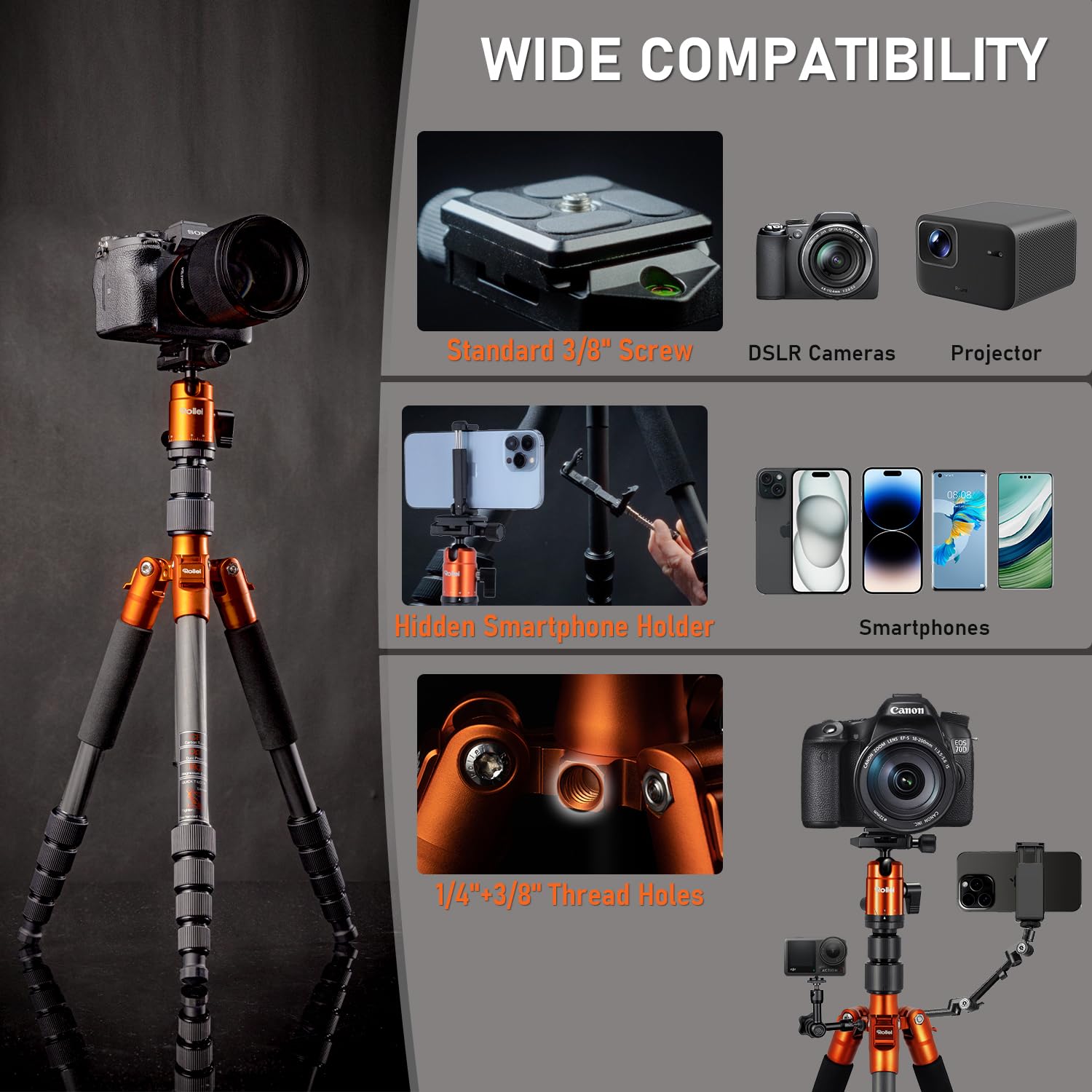 Rollei Compact Traveler No. 1 Carbon Fiber Tripod - 57 Inch Lightweight Travel Tripod with Ball Head, Phone Mount & Carry Bag (8kg Load) - Arca Swiss Compatible DSLR/Mirrorless Camera Stand - Perfect for Travel Photography, Vlogging & Outdoor Adventures