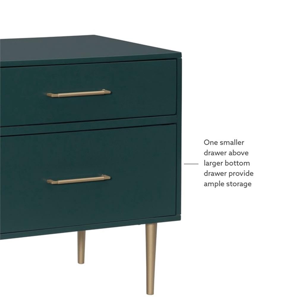 Linon Dylan Dark Green Wood Nightstand with 2 Drawers & Gold Accents - Modern Bedside Table for Bedroom, Guest Room or Dorm (18.5