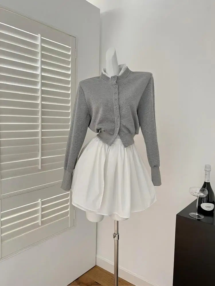 Women's Autumn Winter Fashion Set - Grey Single Breasted Long Sleeve Cardigan & High Waist Pleated Mini Skirt 2-Piece Outfit | Office Wear, Date Night, Casual Chic