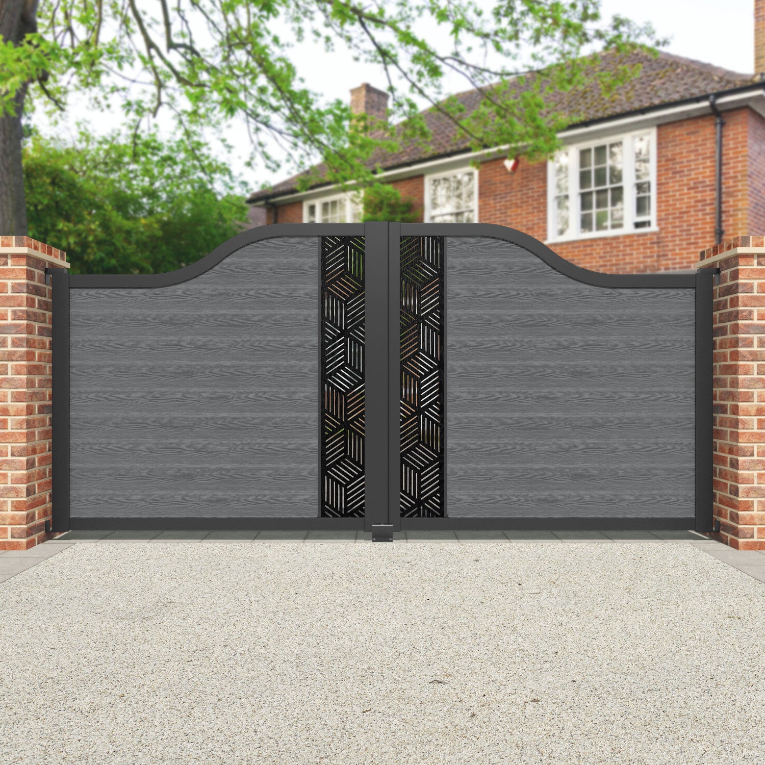 Classic Cubed Curved Top Driveway Gate - Mid Grey with Middle Screen | Durable Metal Fence for Home Security & Garden Protection