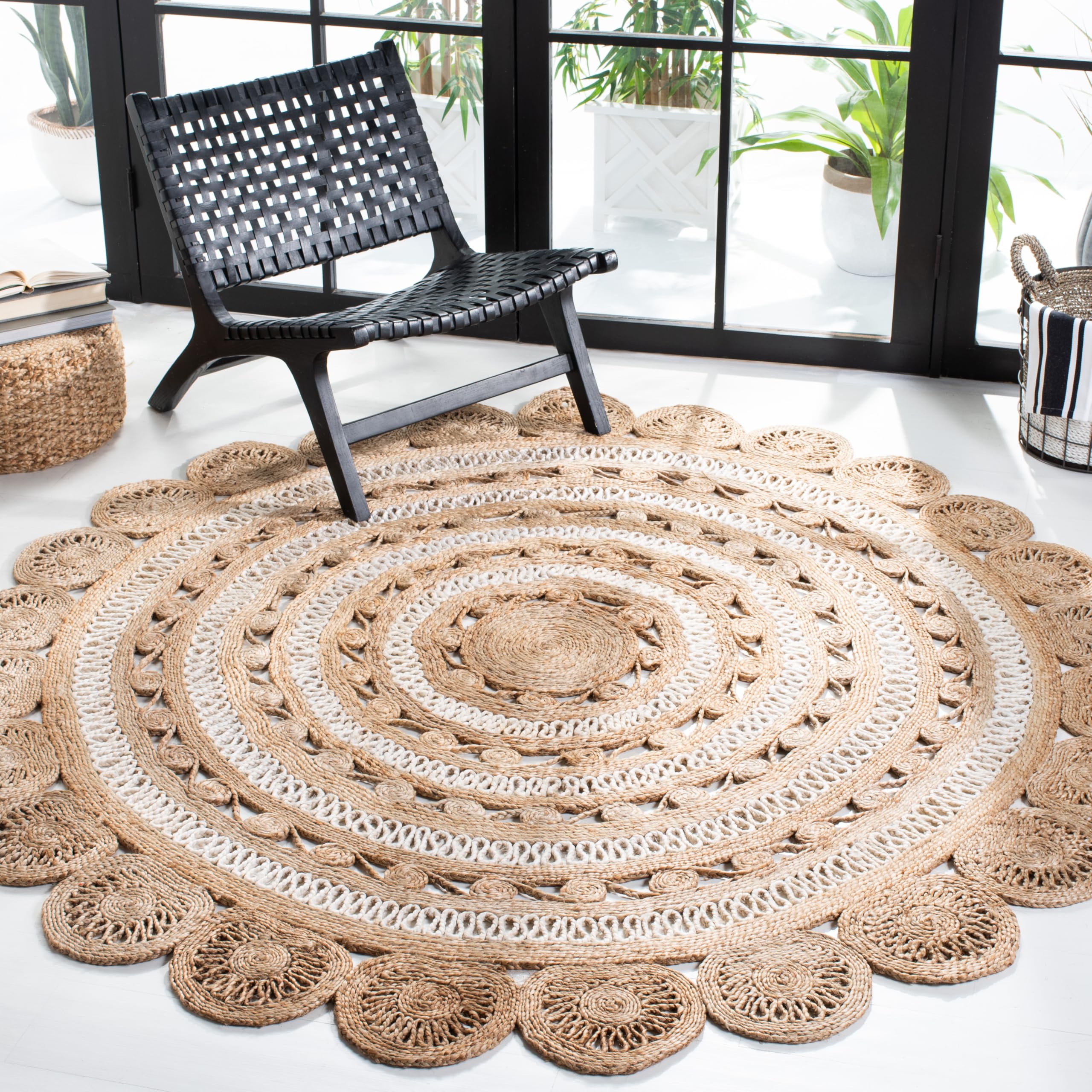 SAFAVIEH Natural Fiber Handmade Jute Area Rug - 7' Round Boho Farmhouse Rug in Ivory & Natural (NF160B) | Perfect for Living Room, Bedroom & High Traffic Areas | Eco-Friendly Home Decor for Cozy Spaces