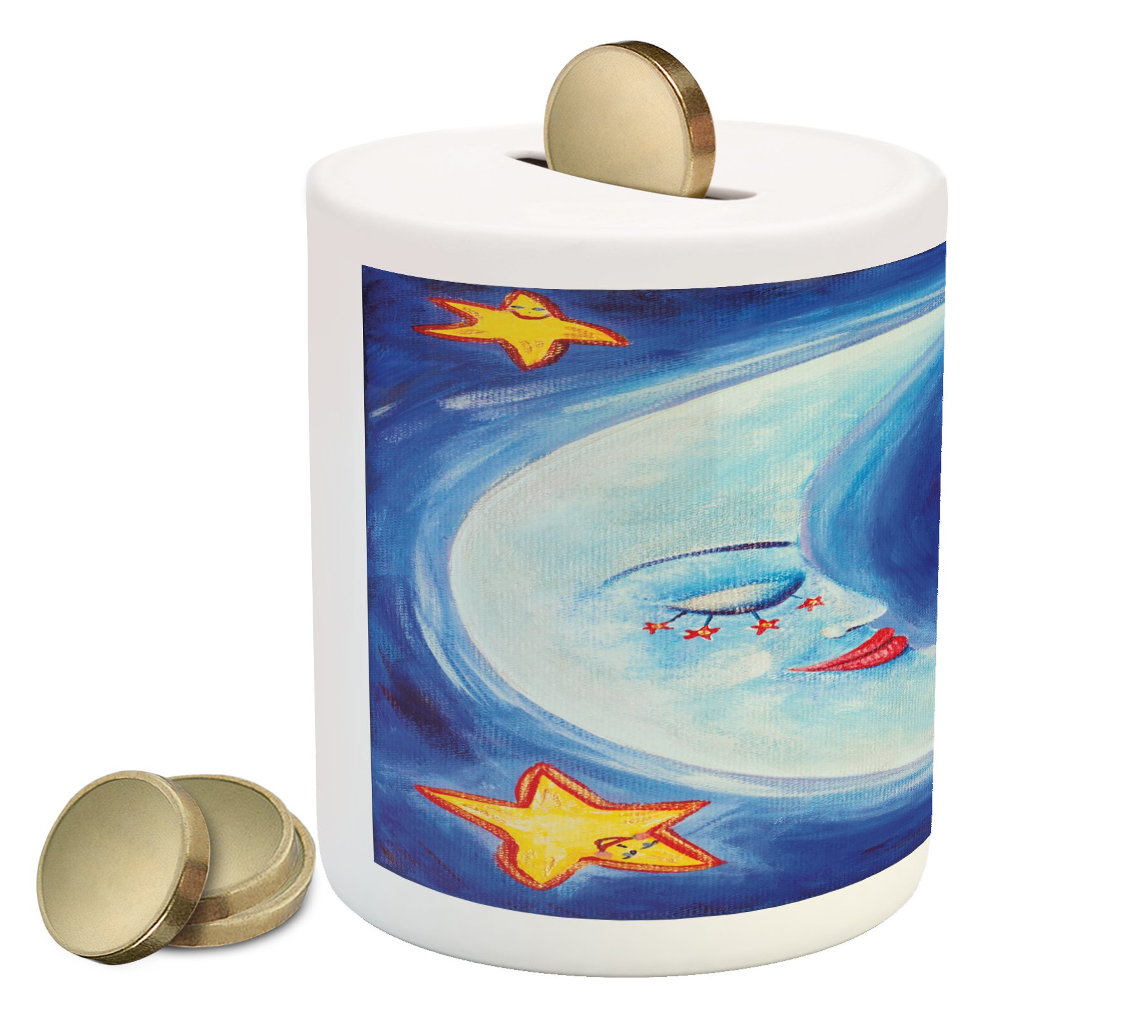 Ambesonne Moon Piggy Bank - Vibrant Happy Dancing Stars & Sleepy Moon Ceramic Coin Bank for Cash Savings (Royal Blue/Yellow/Vermilion) - Perfect Gift for Kids, Teens & Home Decor