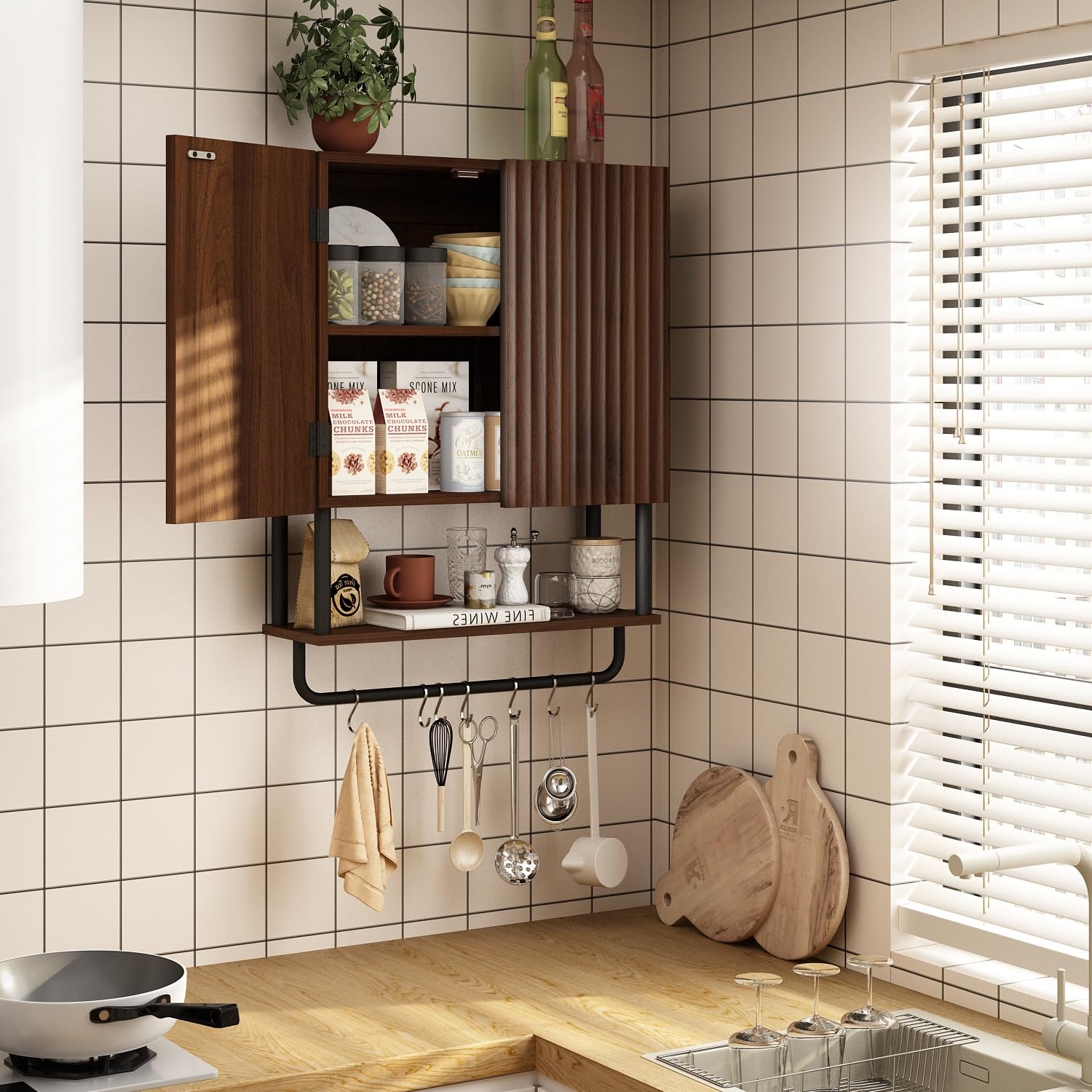 RUSTOWN 2-Door Fluted Bathroom Wall Cabinet with Adjustable Shelf & Towel Bar - 3-Tier Modern Farmhouse Medicine Cabinet for Over The Toilet Storage (Dark Walnut, Medium) - Perfect for Bathroom Organization & Small Space Storage Solutions