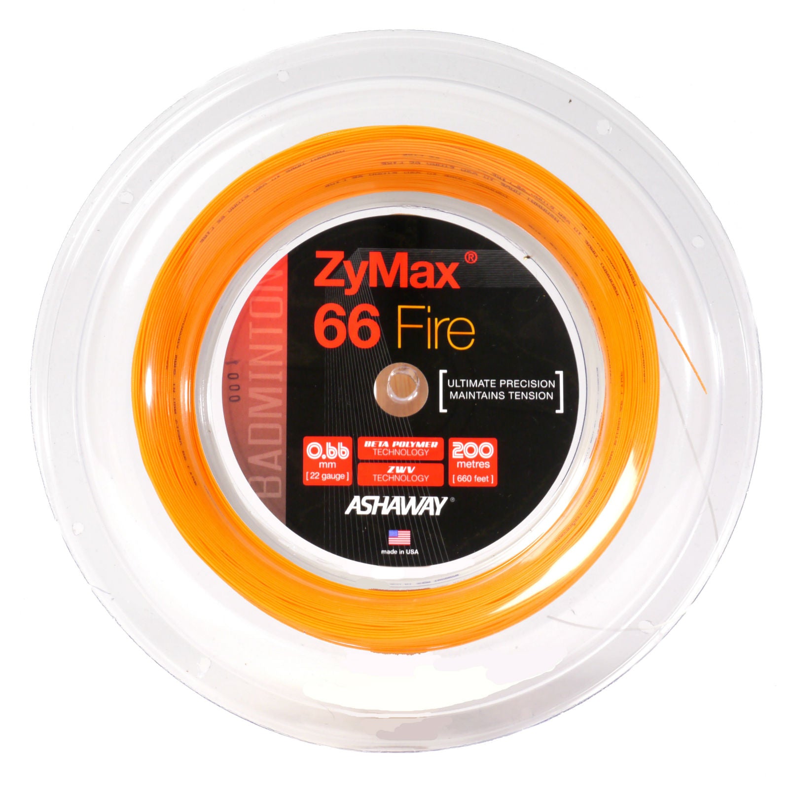 Ashaway Zymax 66 Fire Badminton String Reel (Orange) - High Performance Badminton String for Power & Control - Perfect for Tournament Play & Training Sessions