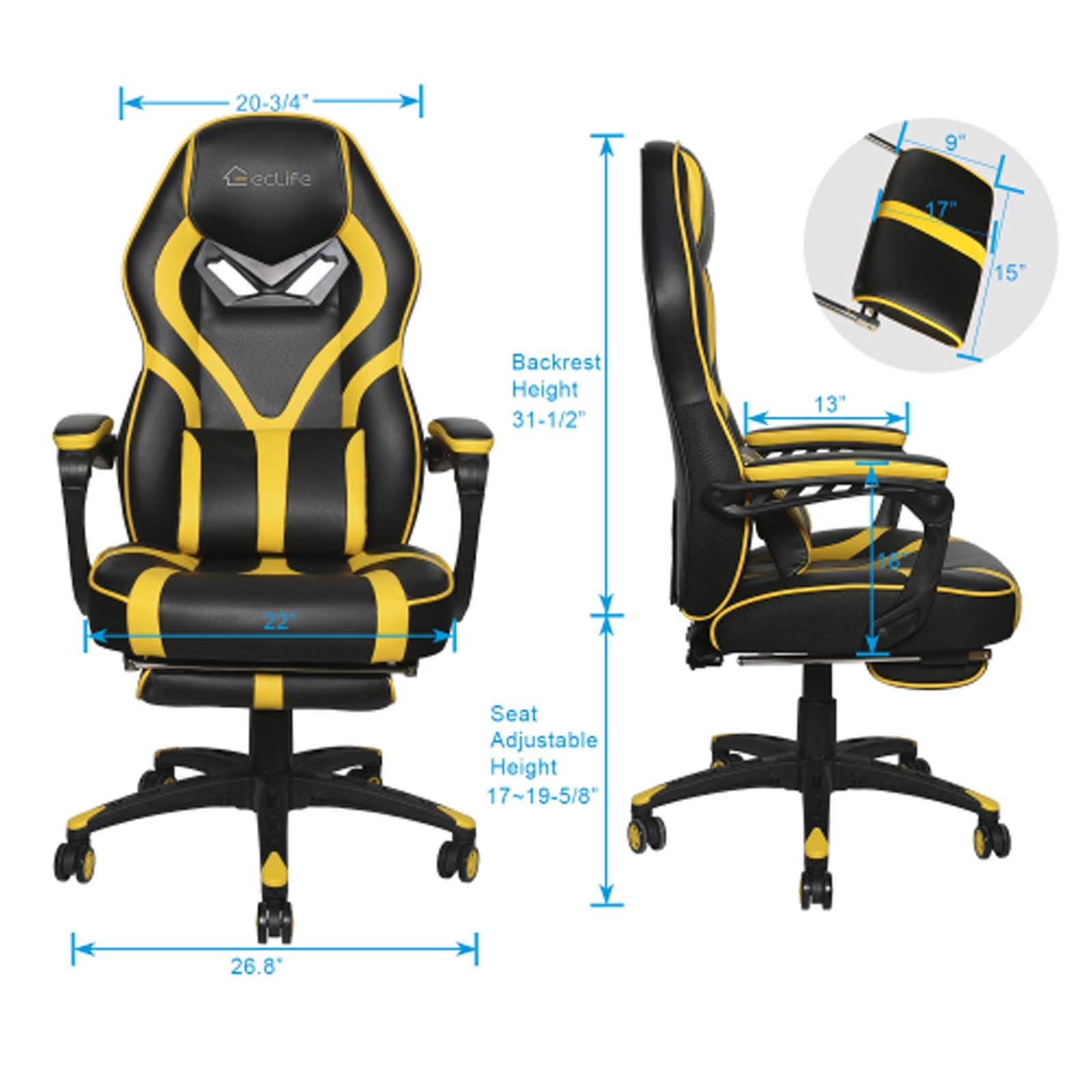 Ergonomic High Back Gaming Chair with Massage & Footrest - Racing Style Swivel Office Computer Chair for Home & Work (Yellow) | Perfect for Esports, Streaming & Long Work Sessions