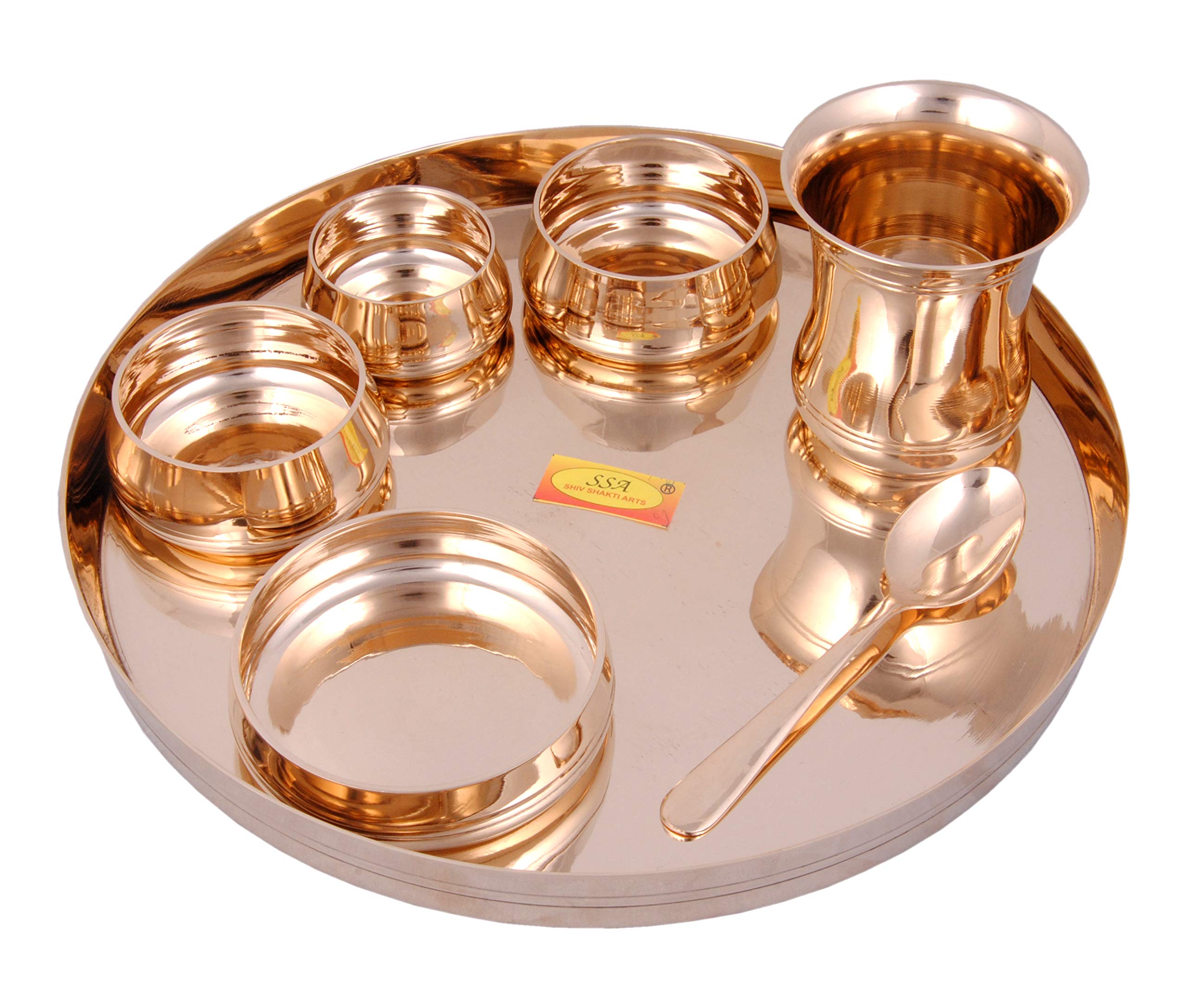 Shiv Shakti Arts® Premium 7-Piece Pure Bronze Kansa Thali Dinner Set in Gold - Luxury Ayurvedic Metal Dining Plates for Healthy Eating & Traditional Indian Meals - Perfect for Home Dining, Festivals & Wedding Gifts