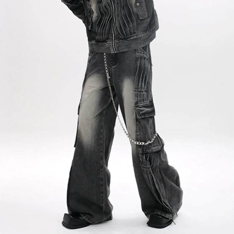 American Style Men's Denim Jeans - Pleated Deconstructed Straight Wide Leg Casual Pants for Men | Trendy Solid Color Bottoms | Perfect for Streetwear, Everyday Wear & Fashion Outfits