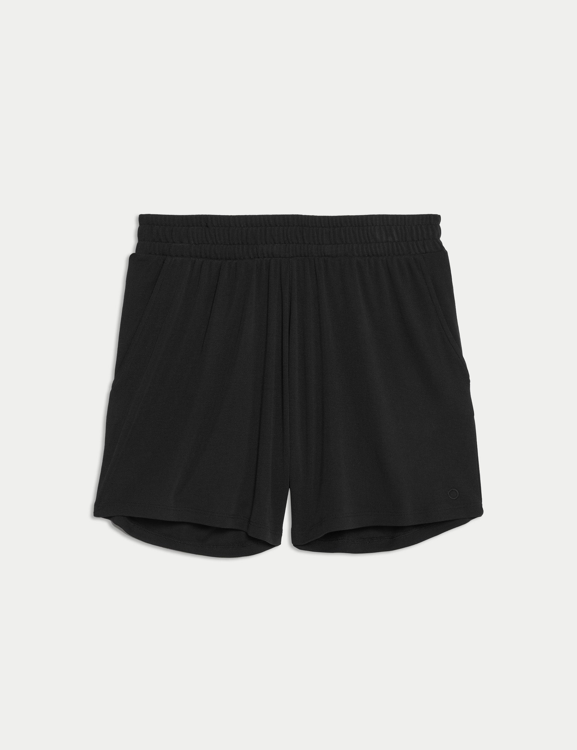 Modal Rich Ribbed Relaxed High Waisted Yoga Shorts for Women - Soft Stretchy Workout Shorts with Comfortable Waistband - Perfect for Yoga, Pilates, Gym & Lounge Wear - Black