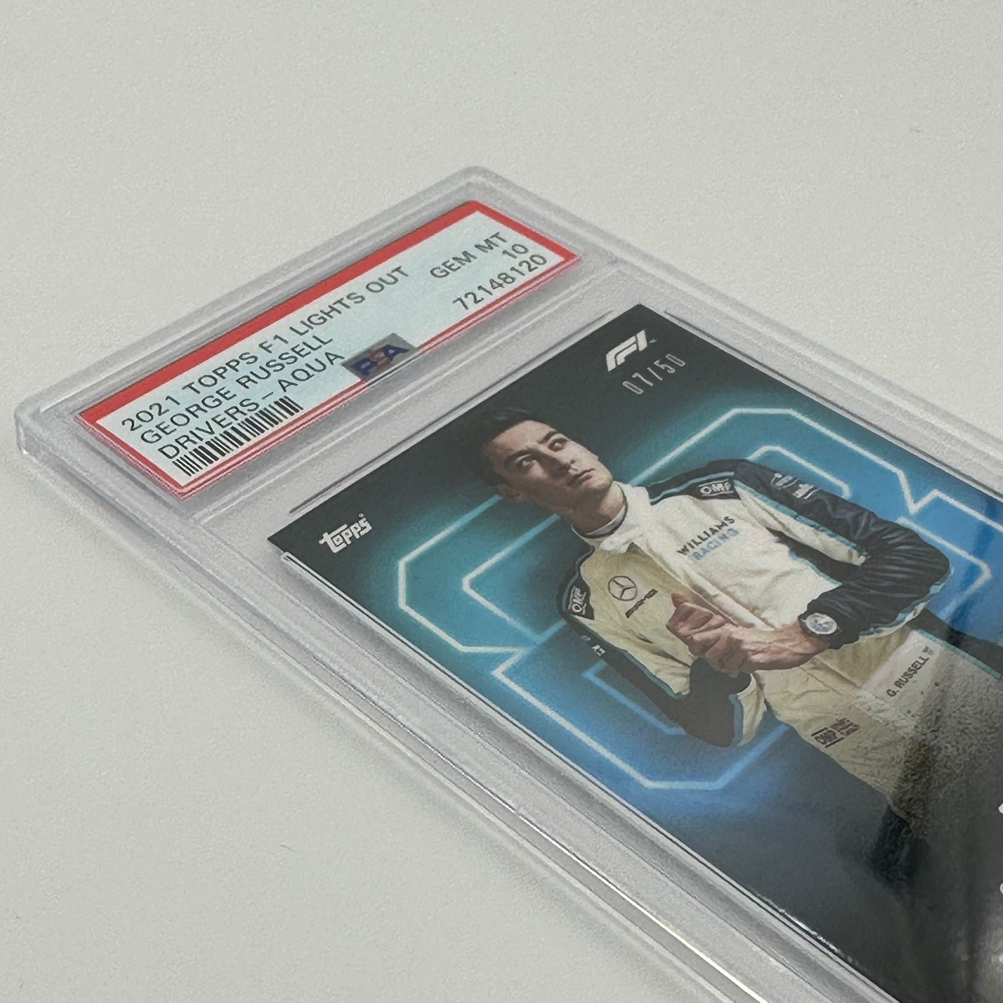 PSA 10 Graded 2007 George Russell Formula 1 Driver's Aqua Parallel Card #07/50 - Rare Collectible for F1 Fans & Sports Memorabilia Enthusiasts