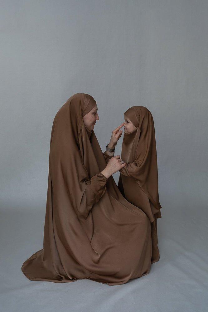 Mommy and Me Prayer Khimar - Modest Brown Islamic Prayer Dress for Women & Girls | Perfect for Salah, Eid, Mosque & Family Prayer Time