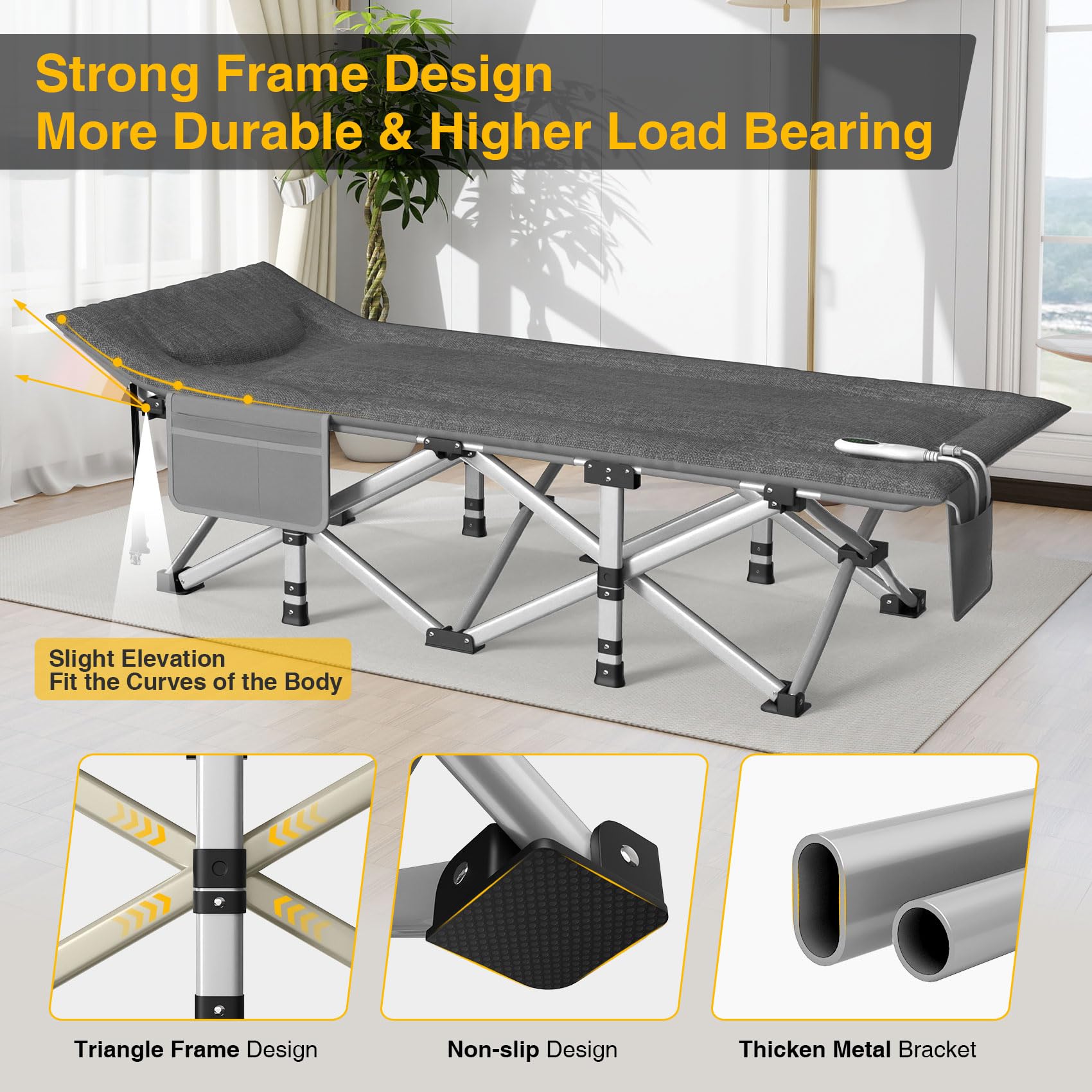 Suteck Heated Folding Camping Cot for Adults - Portable Outdoor Sleeping Bed with Built-in Soft Cotton Pad & Carry Bag - Supports 500 lbs - Perfect for Camping, Home Office Naps, Beach Travel & Emergency Use