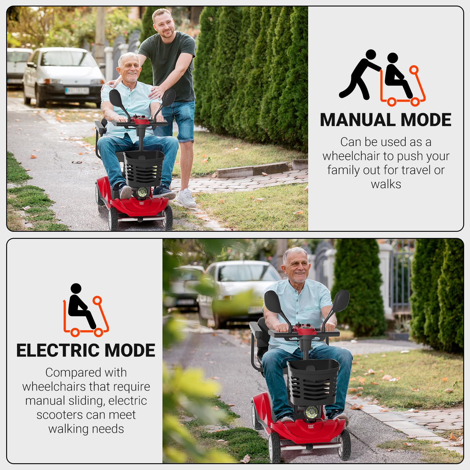 **DA-021 4-Wheel Folding Electric Mobility Scooter for Adults & Seniors - Lightweight, Collapsible Design with Emergency Brake, Removable Battery & Basket, Swivel Seat & Cup Holder (Red) - Ideal for Indoor/Outdoor Use, Shopping & Travel**