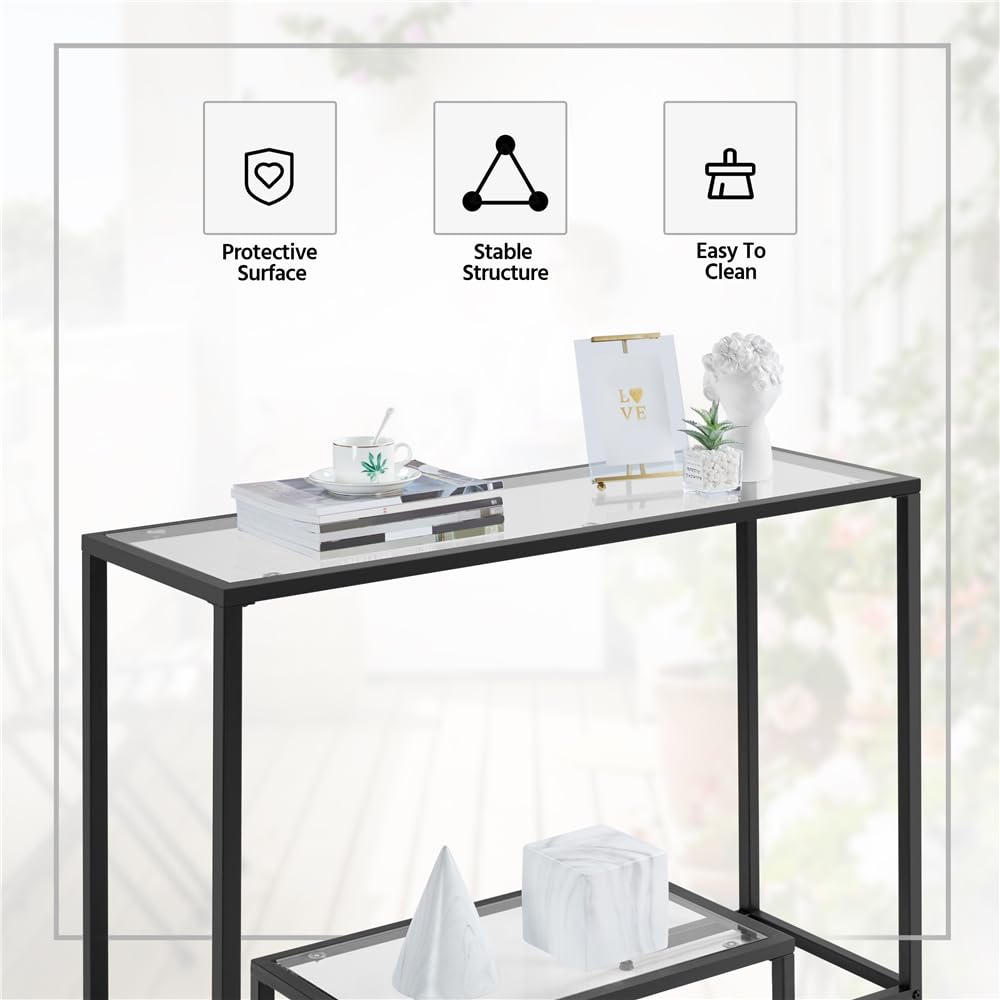 Yaheetech 42 Inch Modern Console Table with Tempered Glass Top & 2-Tier Storage Shelves - Entryway Sofa Table for Hallway, Living Room, Bedroom - Sturdy Black Design for Home Decor & Organization