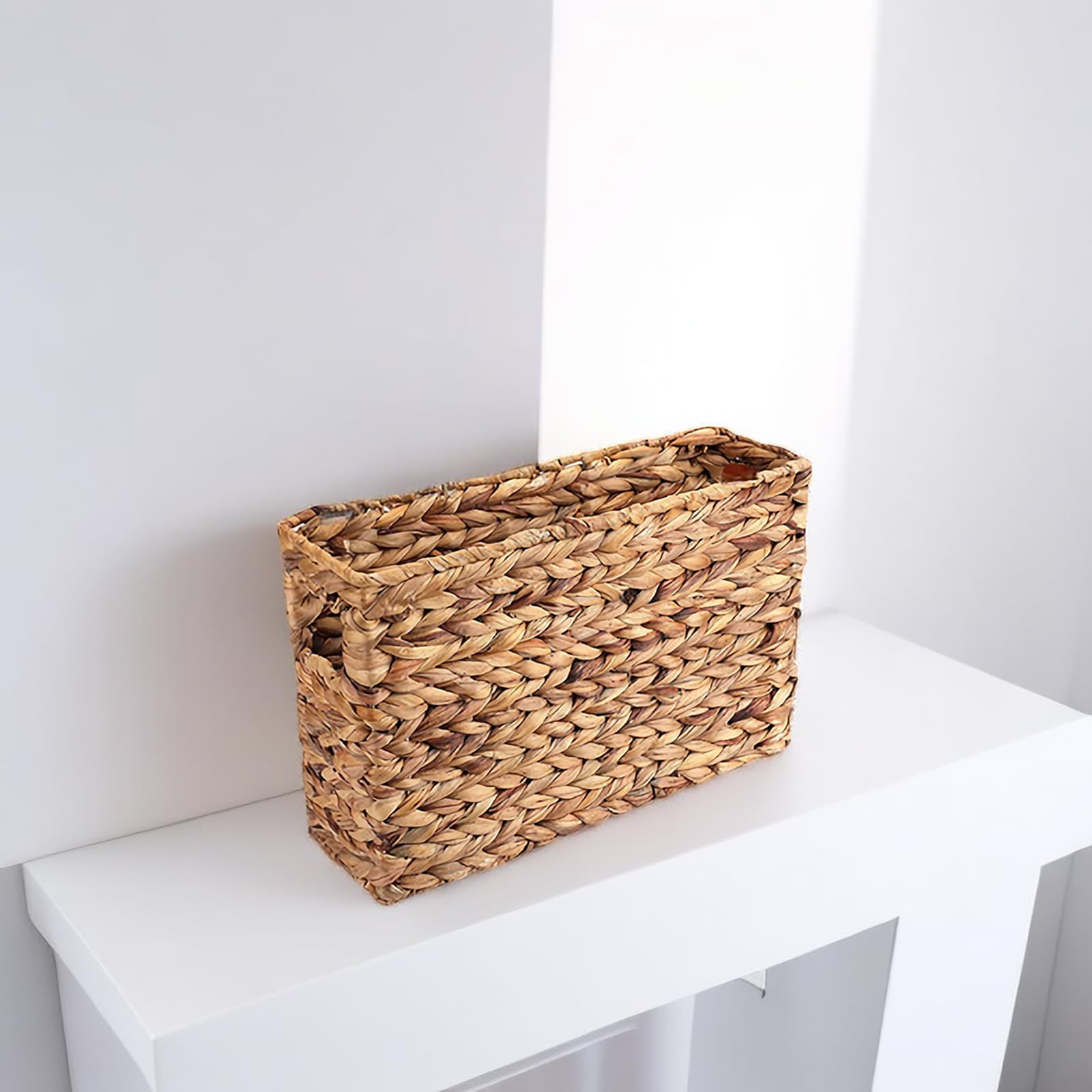 Yesland Hand-Woven Natural Water Hyacinth Magazine Basket - 15.5 x 5.5 x 9.75 Inch Narrow Wicker Storage Bin for Home Office Desk - Perfect for Organizing Magazines, Books & Office Supplies in Living Room or Workspace