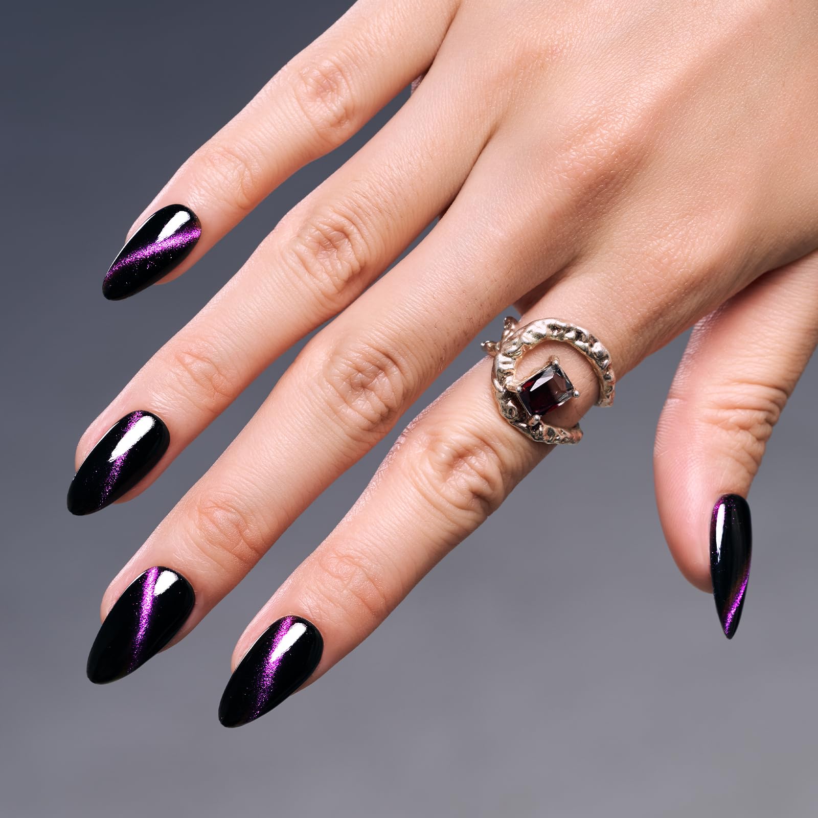 9D Glitter Dark Grey Almond Press on Nails with Purple Glitter Design - 24 Pcs Salon Quality Magnetic Gel Nails Kit in 12 Sizes | Handmade Fake Nails for Parties, Weddings & Special Occasions
