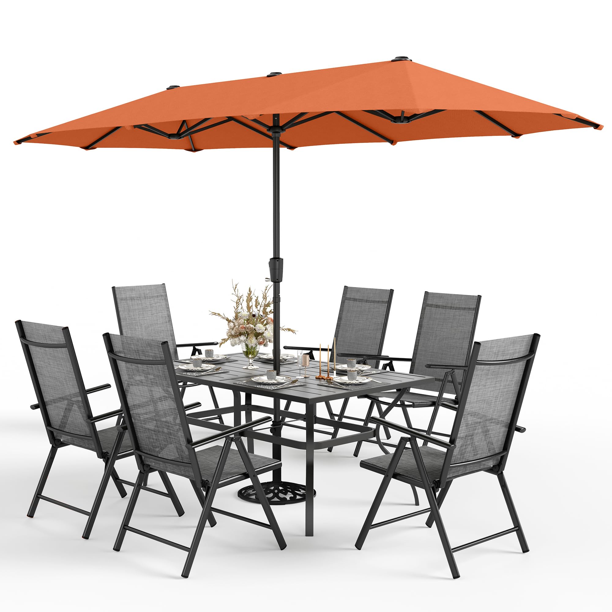 Sophia & William 7-Piece Outdoor Dining Set with 13ft Red Umbrella - Folding Metal Patio Table & Sling Chairs for 6, Grey - Perfect for Backyard BBQs, Poolside Gatherings & Garden Entertaining