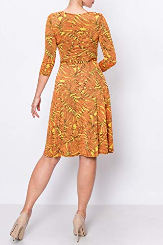 Women's 3/4 Sleeve Faux Wrap Midi Dress - Made in USA, Knee Length Summer Dress for Wedding Guest, Party, Bridal, Baby Shower & Maternity Nursing - Orange & Yellow Floral Print | Perfect for Outdoor Events, Beach Weddings & Special Occasions