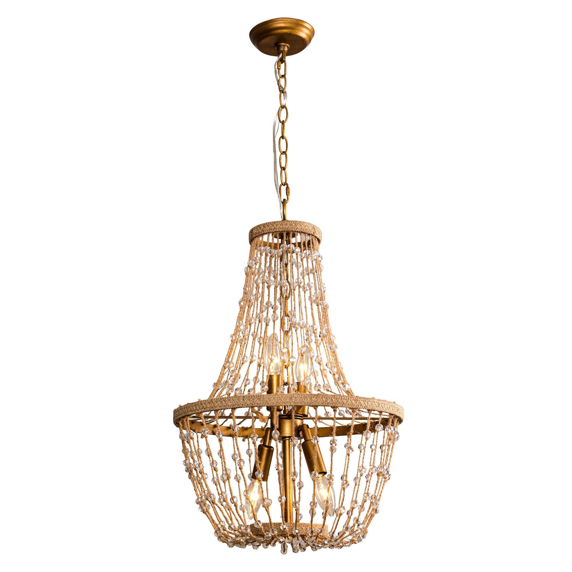 Modern Beaded Basket Weathered Wood 4-Light Chandelier - Rustic Farmhouse Ceiling Light Fixture for Dining Room, Bedroom or Entryway
