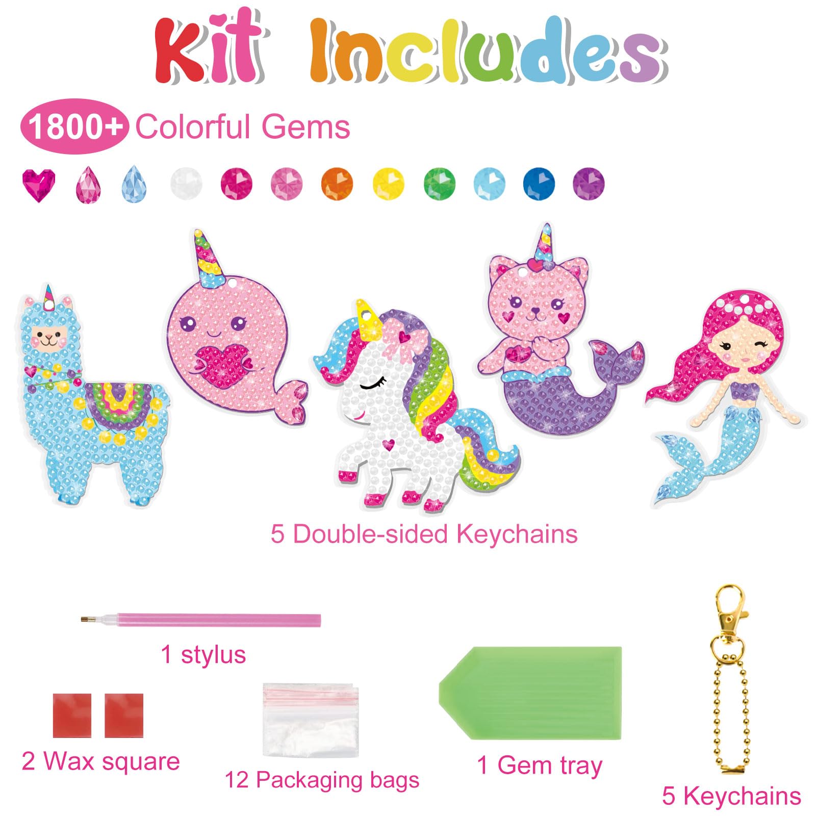 BANBBUR 5PCS Double Sided Diamond Art Keychains for Kids Ages 4-12, 5D Gem Art Craft Kits - Perfect for Girls Birthday Gifts, DIY Jewelry Making & Creative Arts and Crafts Activities