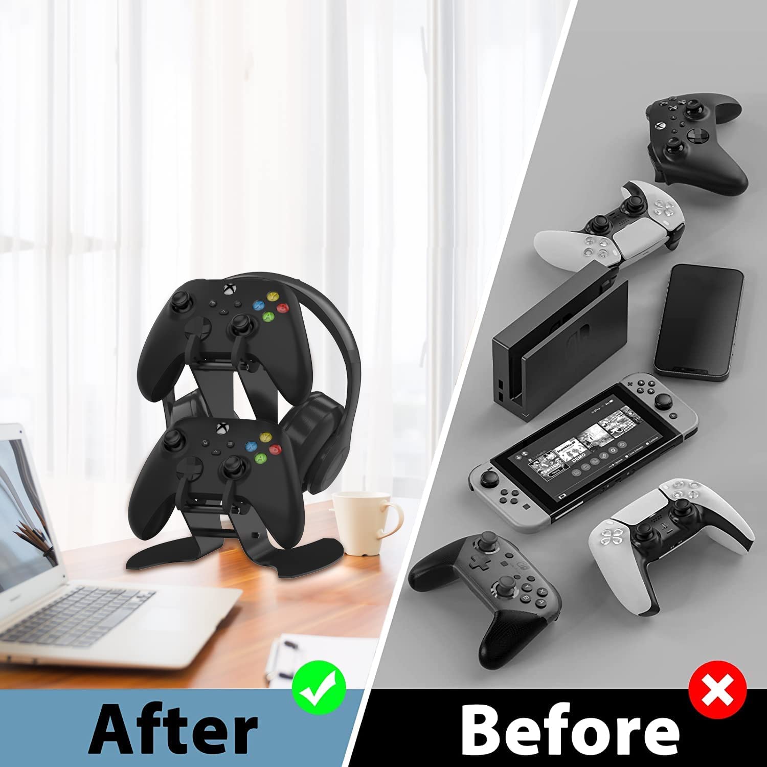 Universal Gaming Headphone & Controller Stand - Compatible with Xbox Series X/S, Xbox One, PS5, PS4, Nintendo Switch | Desk Organizer for Gaming Accessories | Perfect for Gaming Setup & Streamer Battlestation (Black)
