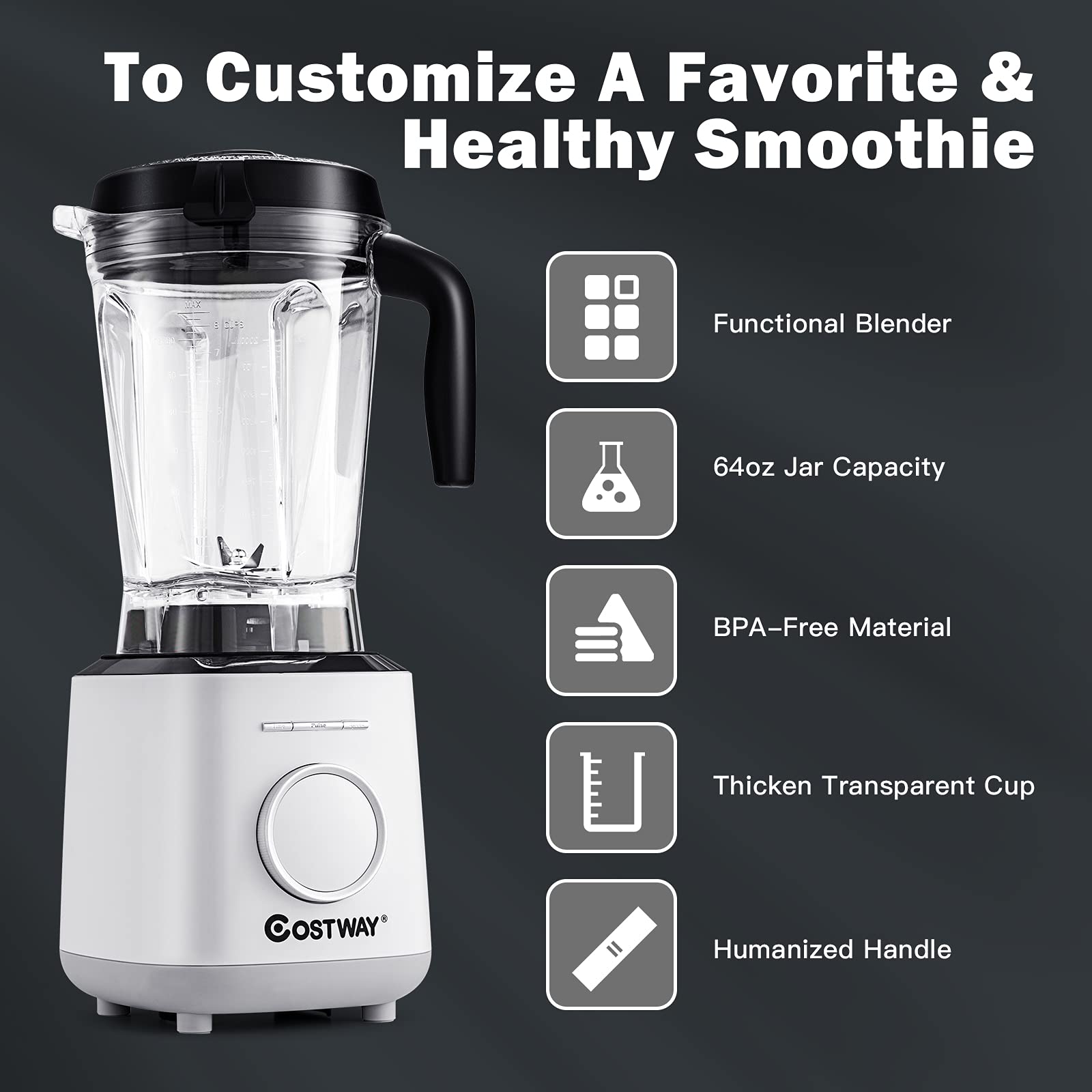 COSTWAY 1500W Professional Countertop Blender - 6 Preset Programs & 10 Speed Settings for Smoothies, Juices, Ice Crushing - Includes 64oz BPA-Free Tritan Pitcher, Built-in Timer & Tamper - Perfect for Kitchen, Restaurant, Gym & Healthy Lifestyle