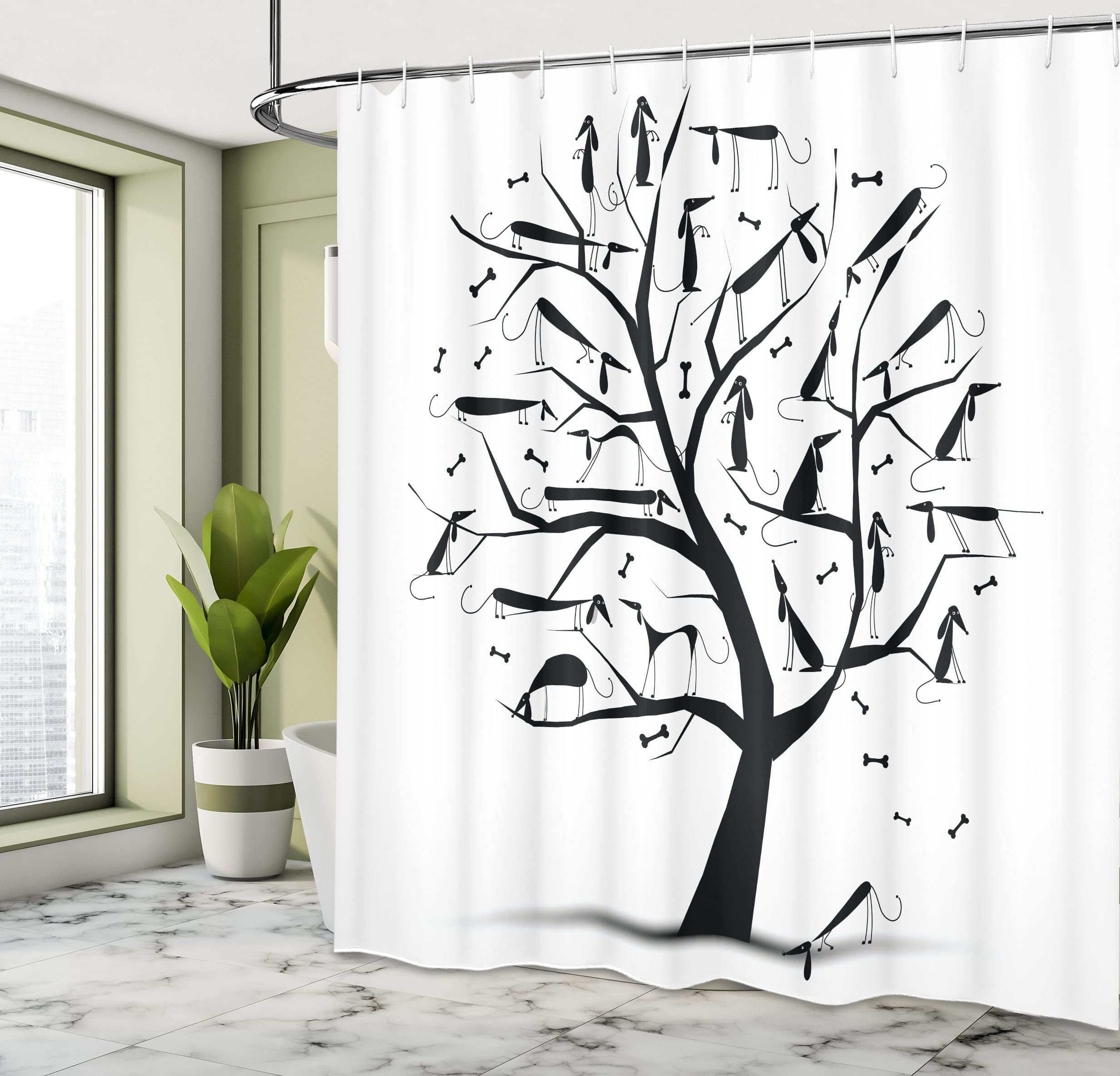 Ambesonne Abstract Shower Curtain - Monochrome Autumn Tree with Dachshund Silhouettes, 69x75 Inch White & Black Bathroom Decor Set with Hooks | Perfect for Dog Lovers' Bathrooms, Modern Home Decor, and Seasonal Theme Decorations
